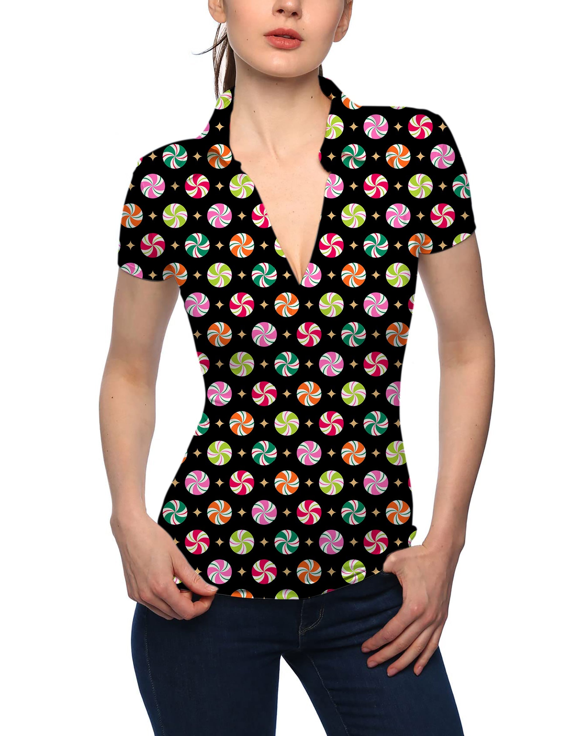 Women's Christmas Candy V Neck Golf Polo with colorful candy print and stylish deep V-neck on black background
