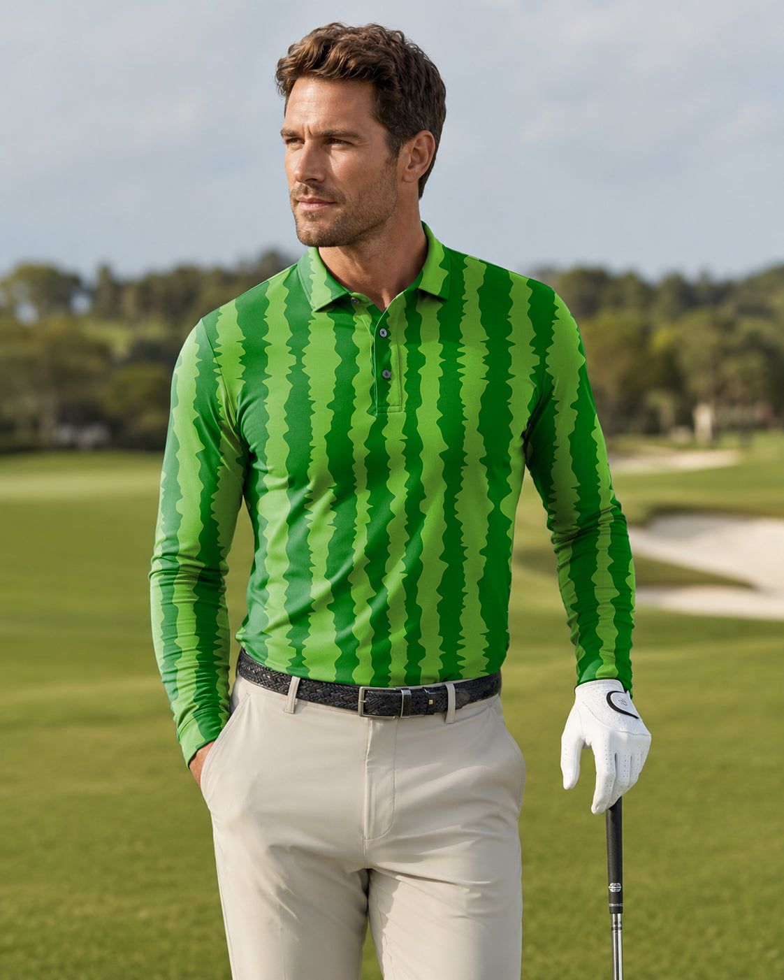 Men's watermelon stripes Long-sleeved Polo