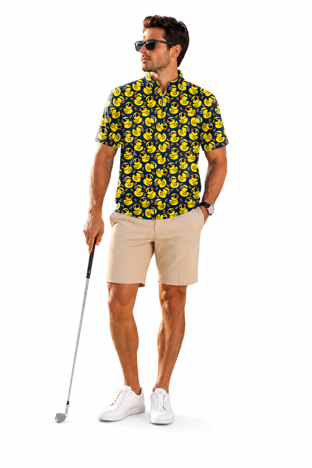Men's Short Sleeve Quarter Zip Golf Pullover   Yellow duck Embroidery