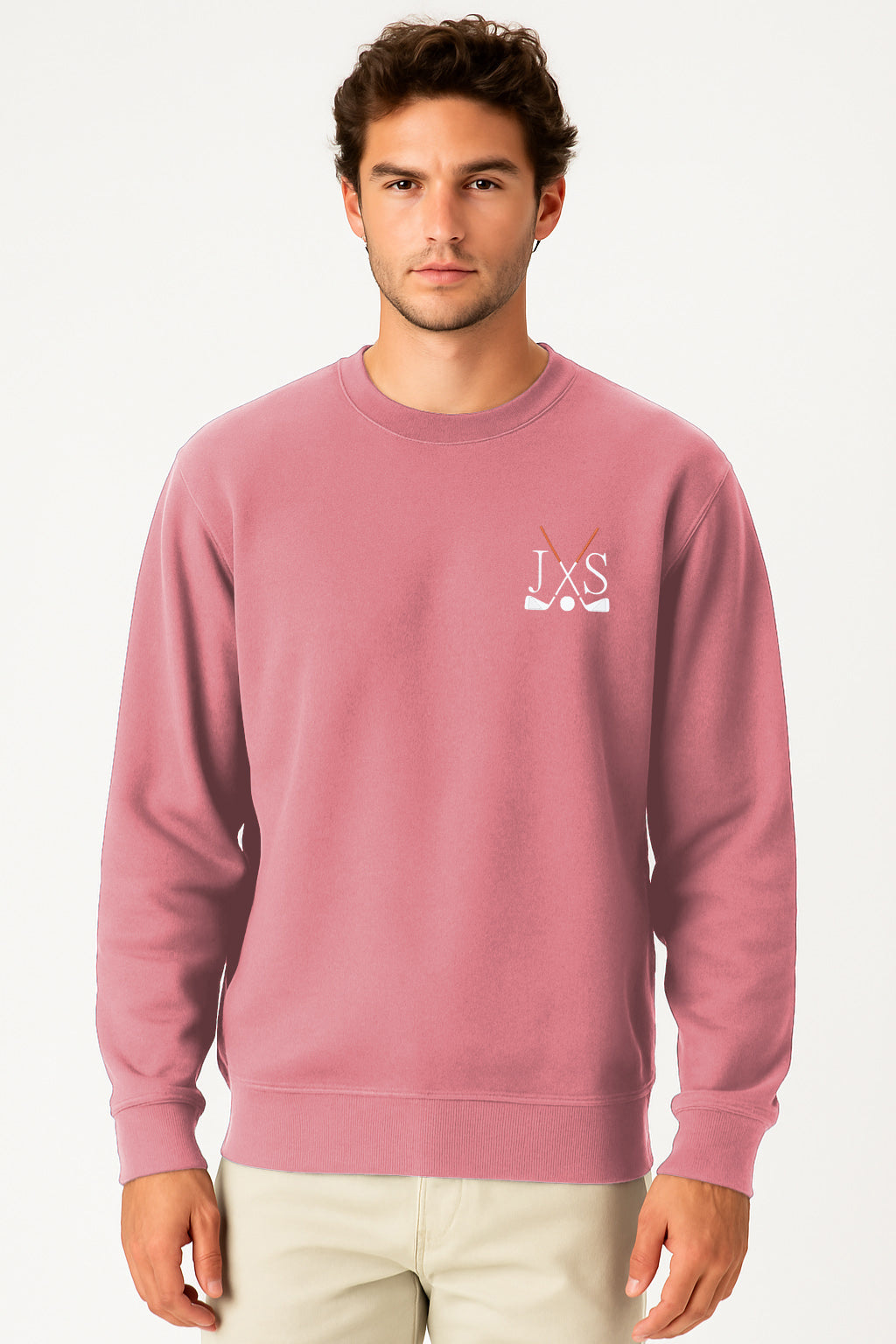 Embroidery solid color hot pink crew neck men's sweatshirt plus size