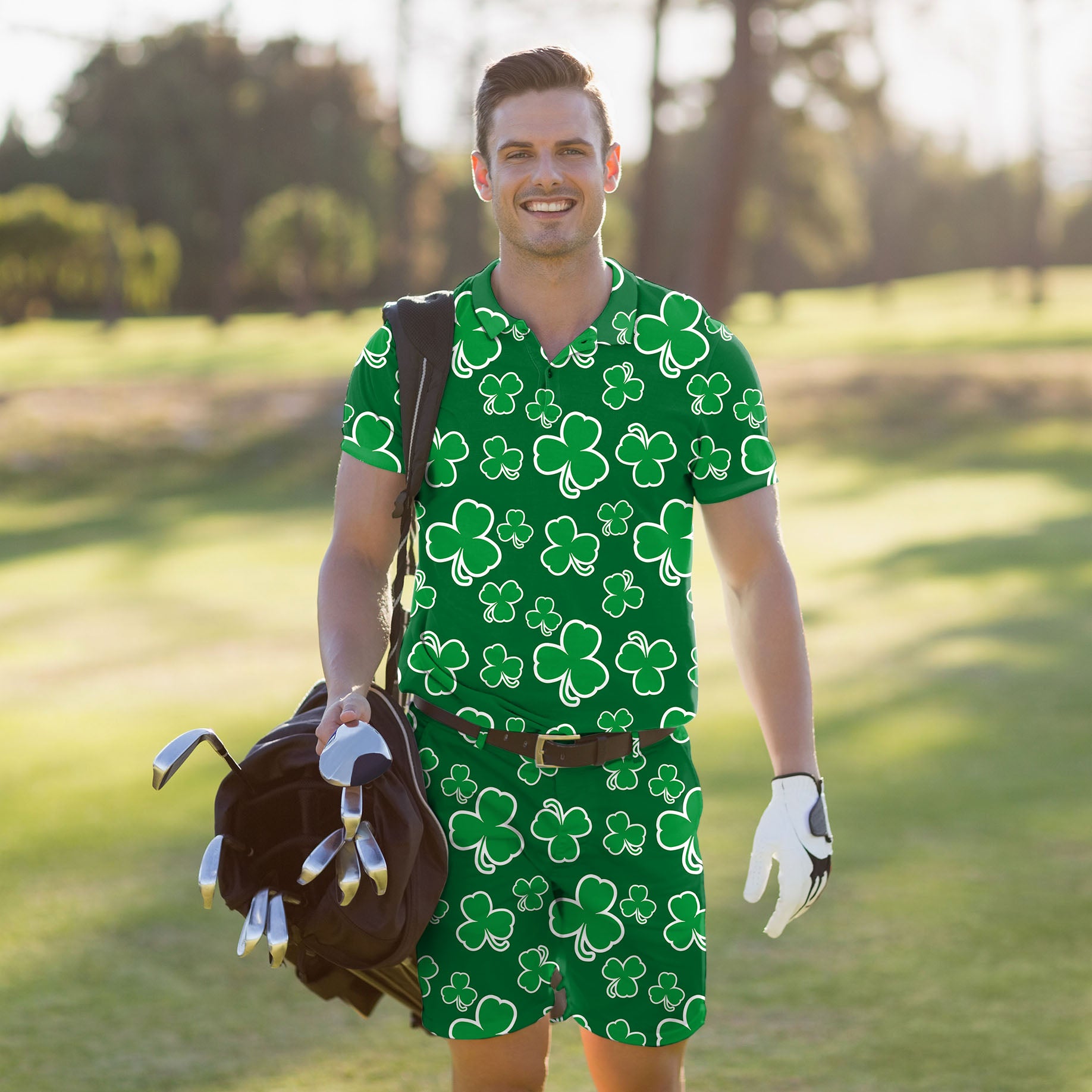 Men's Golf Set Polo+Shorts Leaf clover St. Patrick's Day