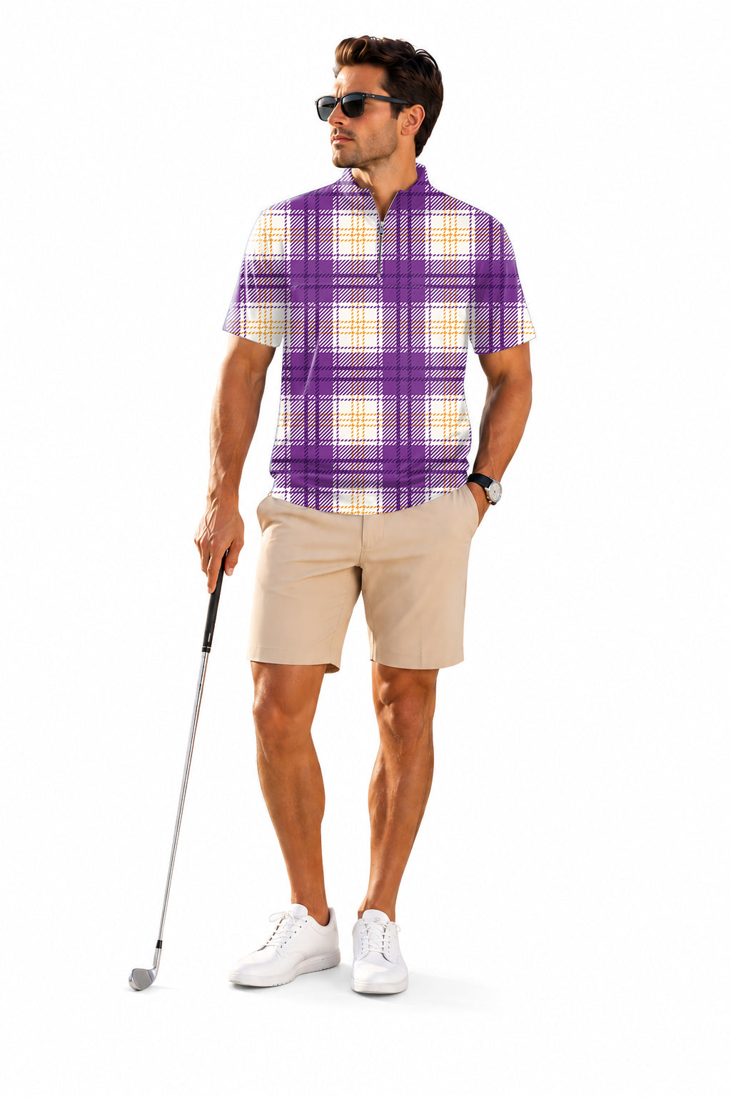 Men's Short Sleeve Quarter Zip Golf Pullover Halloween purple and yellow grid pattern