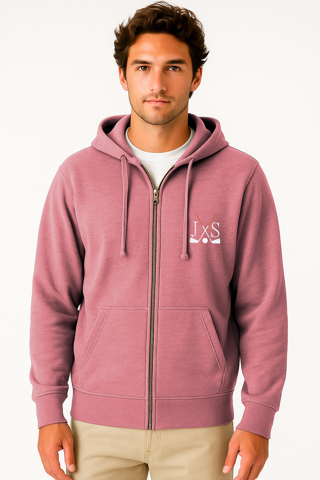 Embroidery solid color hot pink plus size men's zipper hoodie with front pouch pocket and rib knit cuffs