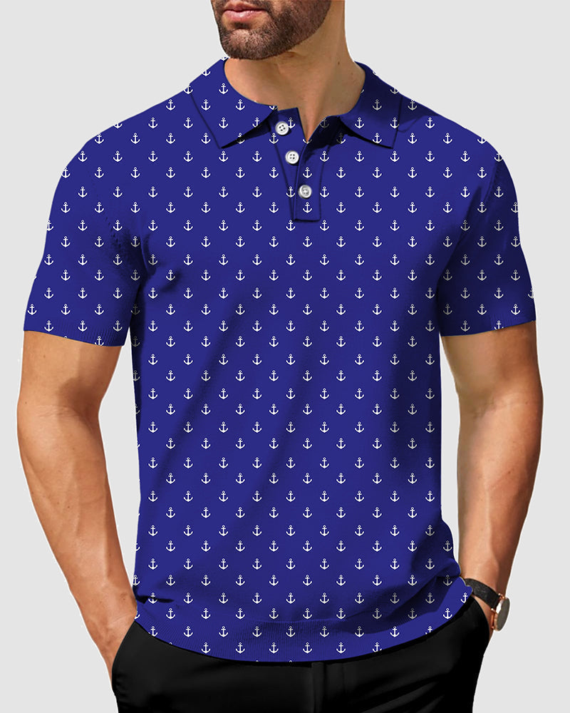 Men's Royal Anchor Polo in royal blue with white anchor pattern, wrinkle-resistant, moisture-wicking, and classic fit polo shirt