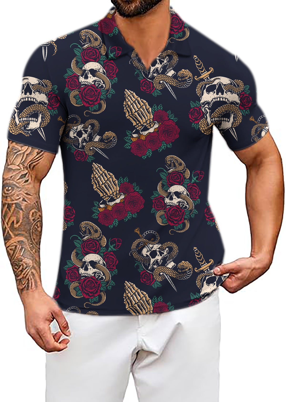 Men's Halloween Snake Skeleton V Neck Golf Polo Shirts