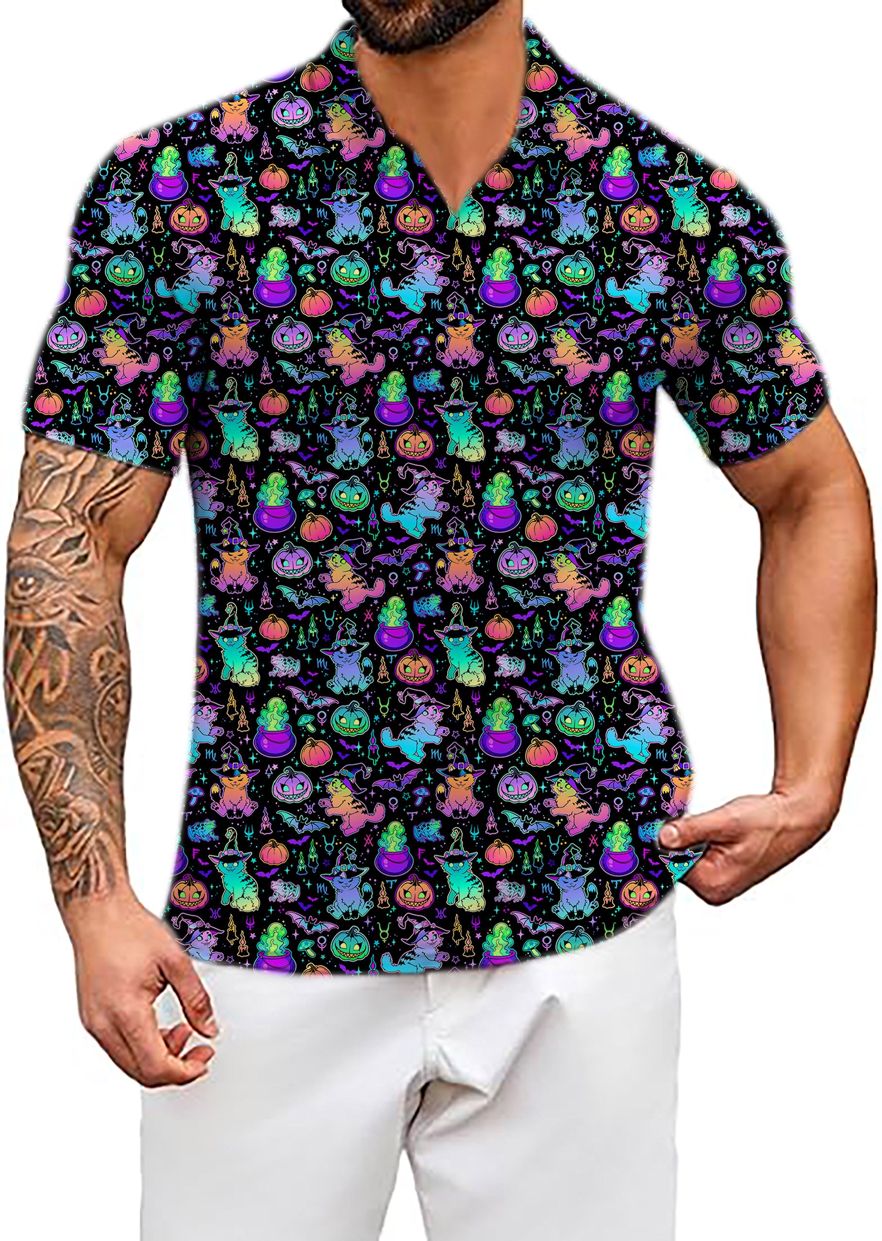 Men's Coconut Palm Halloween Constellation Cat V Neck Golf Polo Shirts