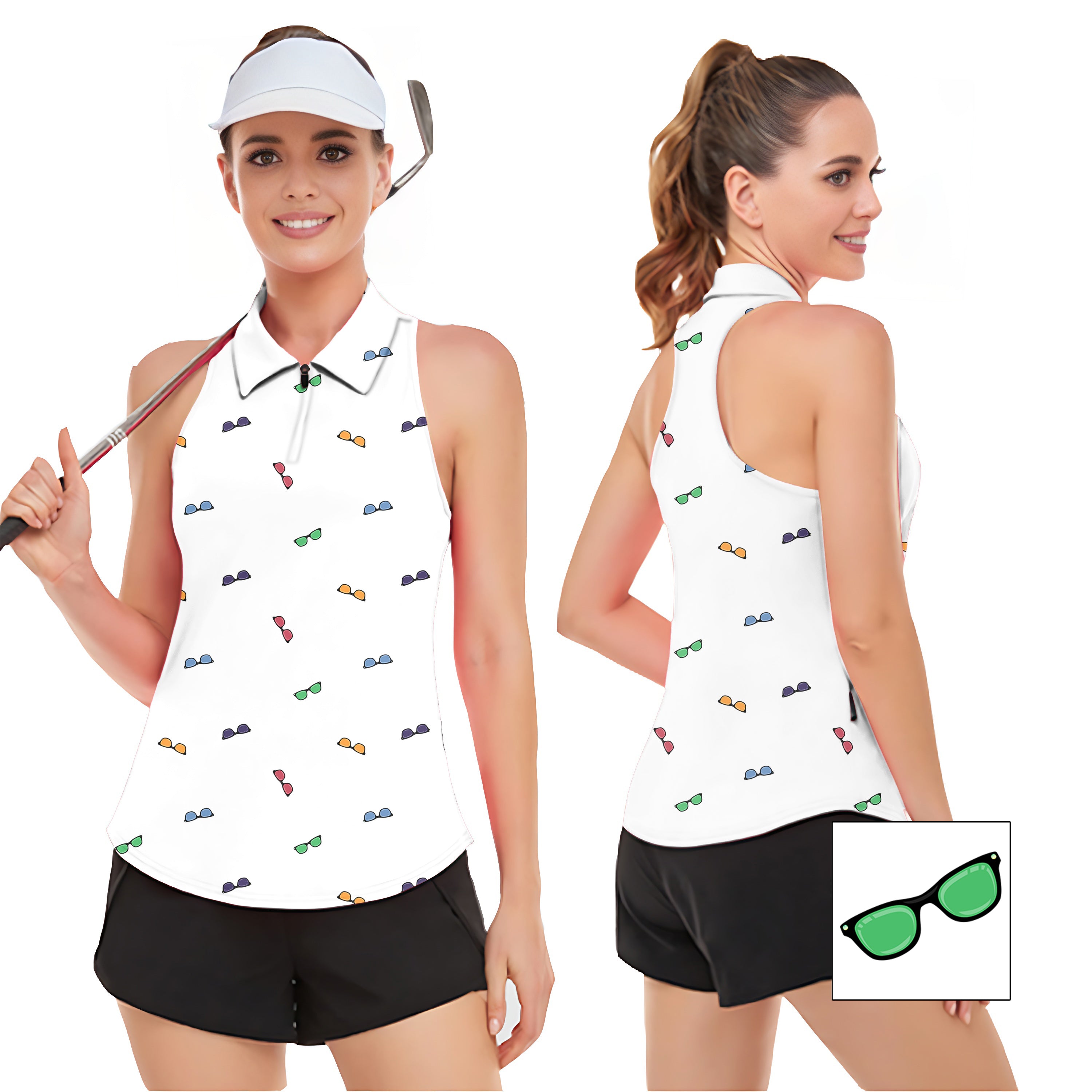 Colorful Sunglass Custom The Background Color Women’s Sleeveless Golf Tank Top Shirt Polo