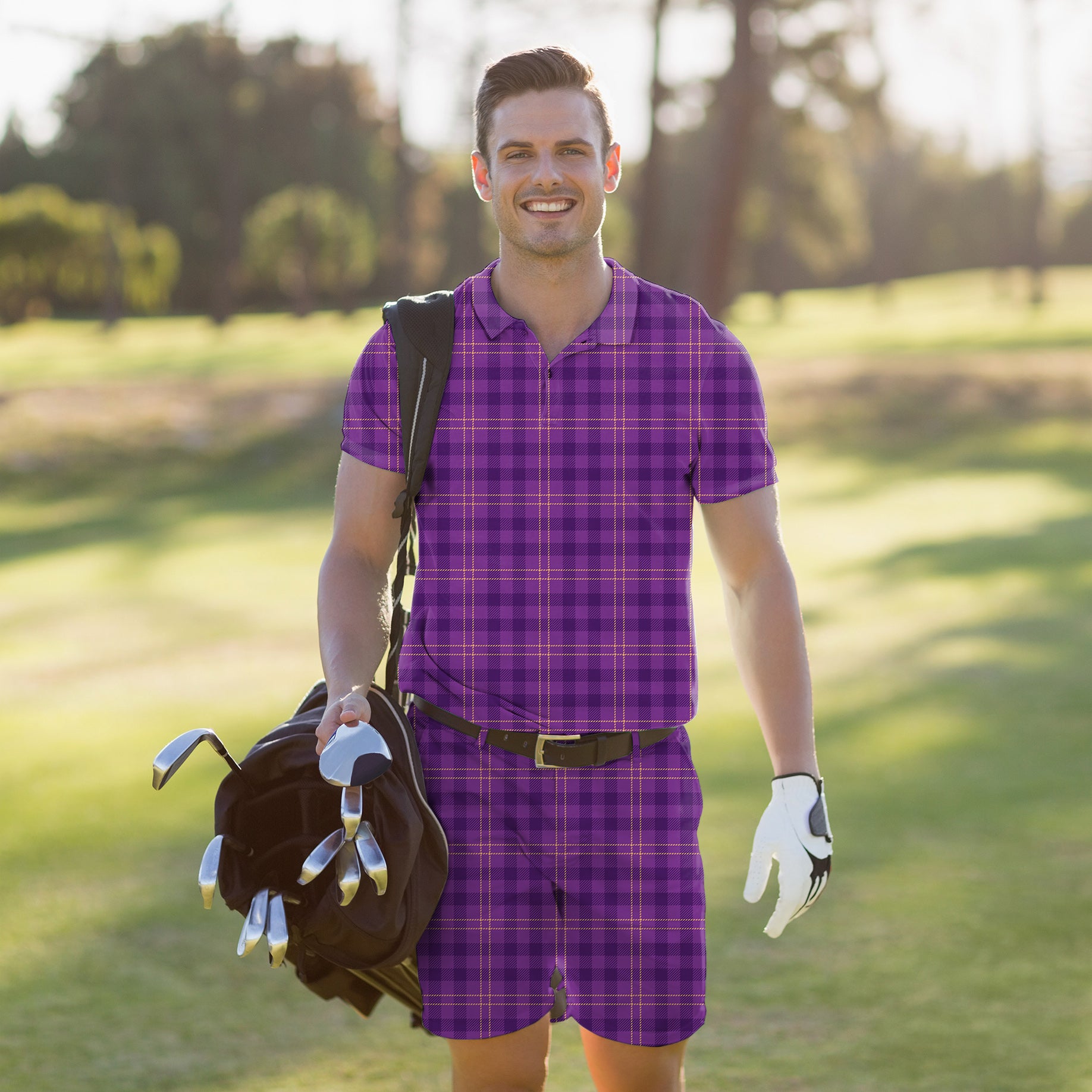 Men's Golf Set Polo+Shorts Halloween purple plaid