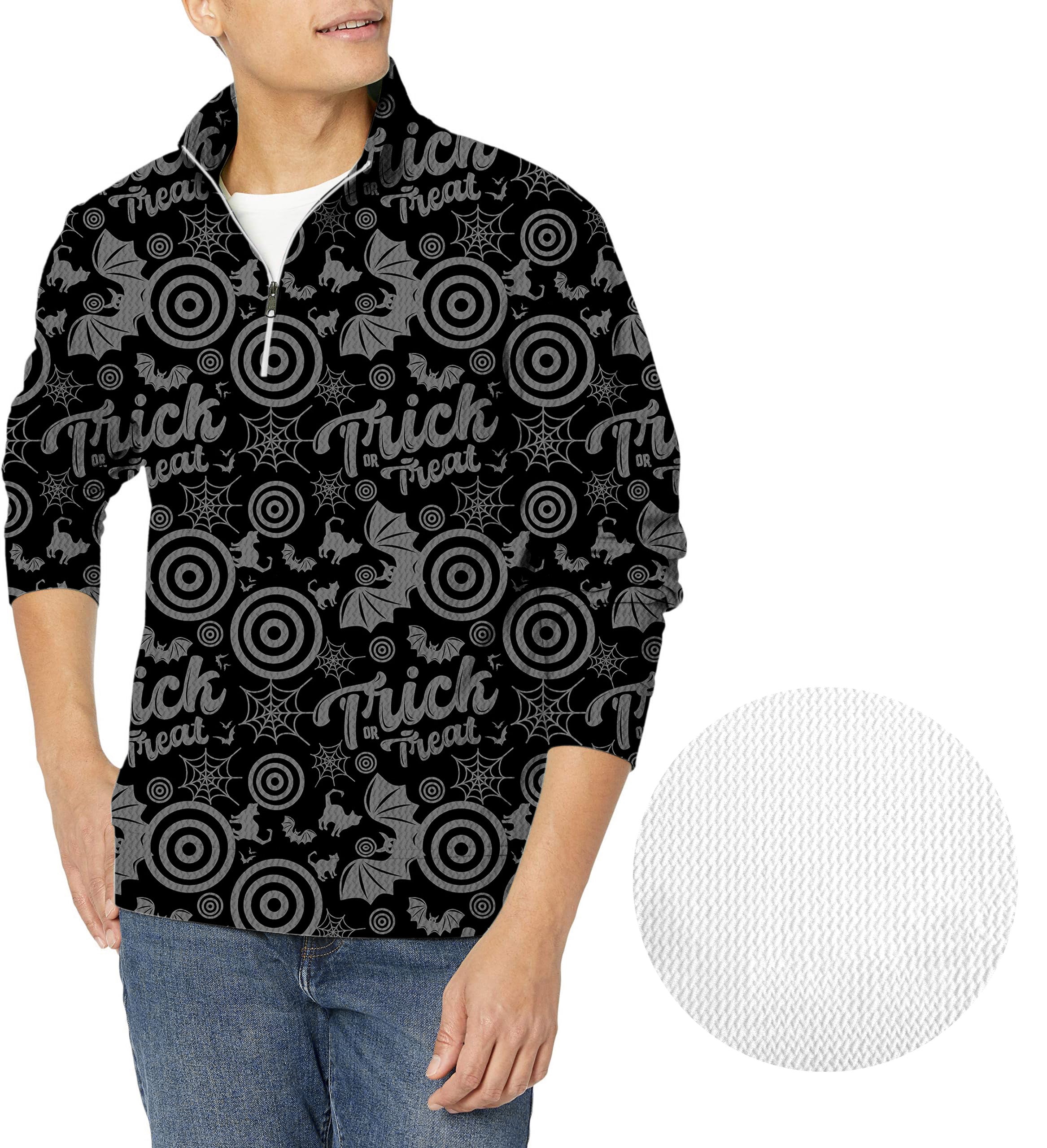 Halloween Circle Bat Cat Men's Golf Waffle Zipper Pullover