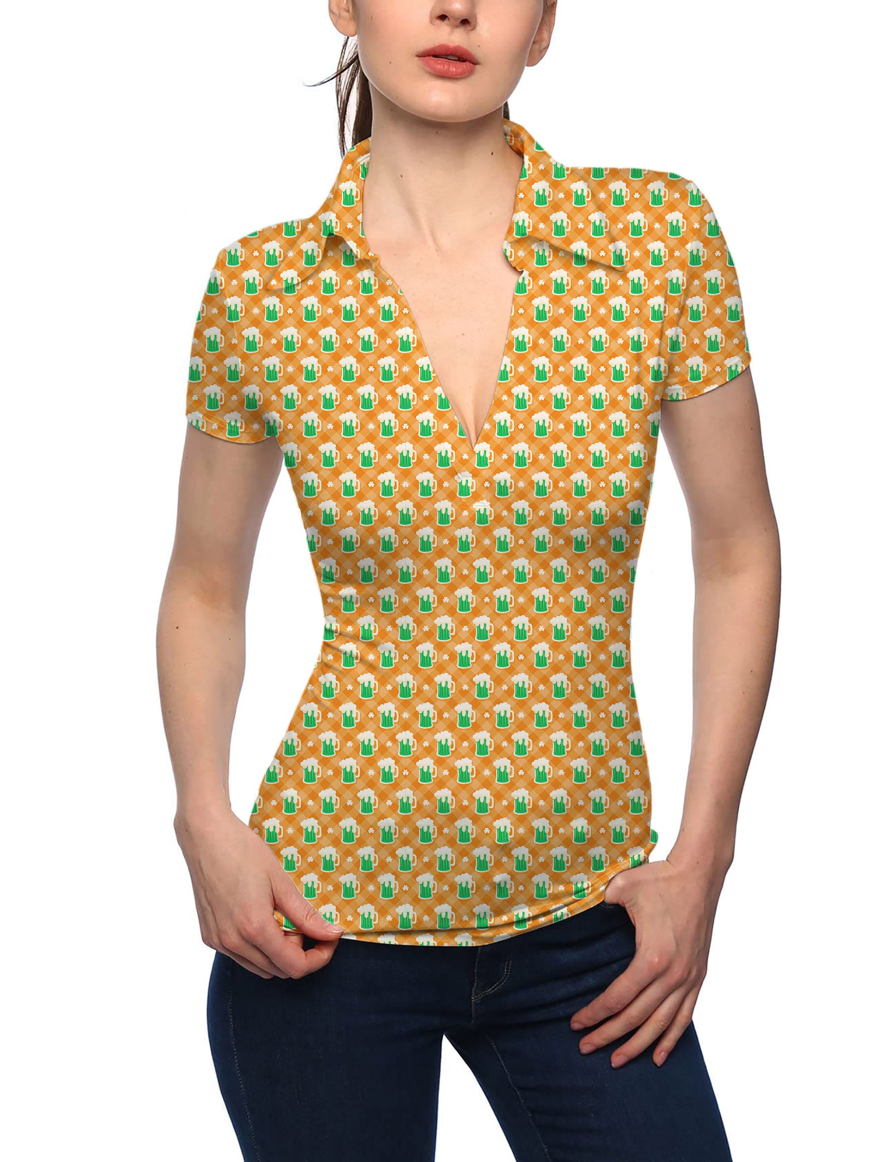 Women's Green beer and clover leaf St. Patrick's Day V Neck Golf Polo
