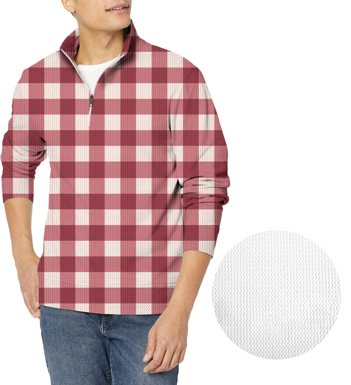 Christmas red checkerboard Men's Golf Waffle Zipper Pullover