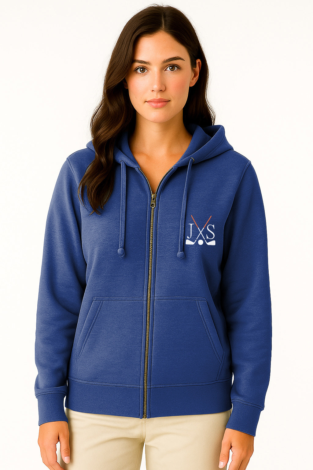 Embroidery solid color navy blue plus size women's zipper hoodie with golf clubs and initials design