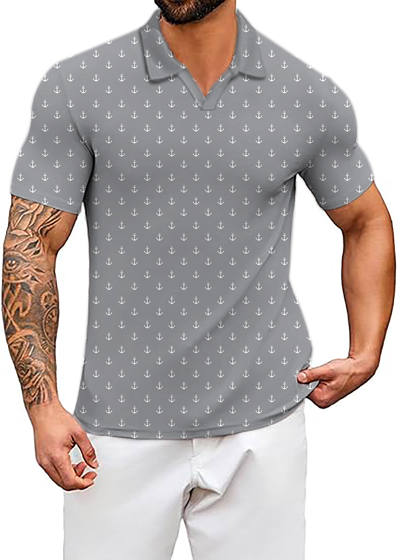 Men's Coconut Palm navy blue ink dots and light gray anchor print polo shirt with four-way stretch and moisture-wicking fabric