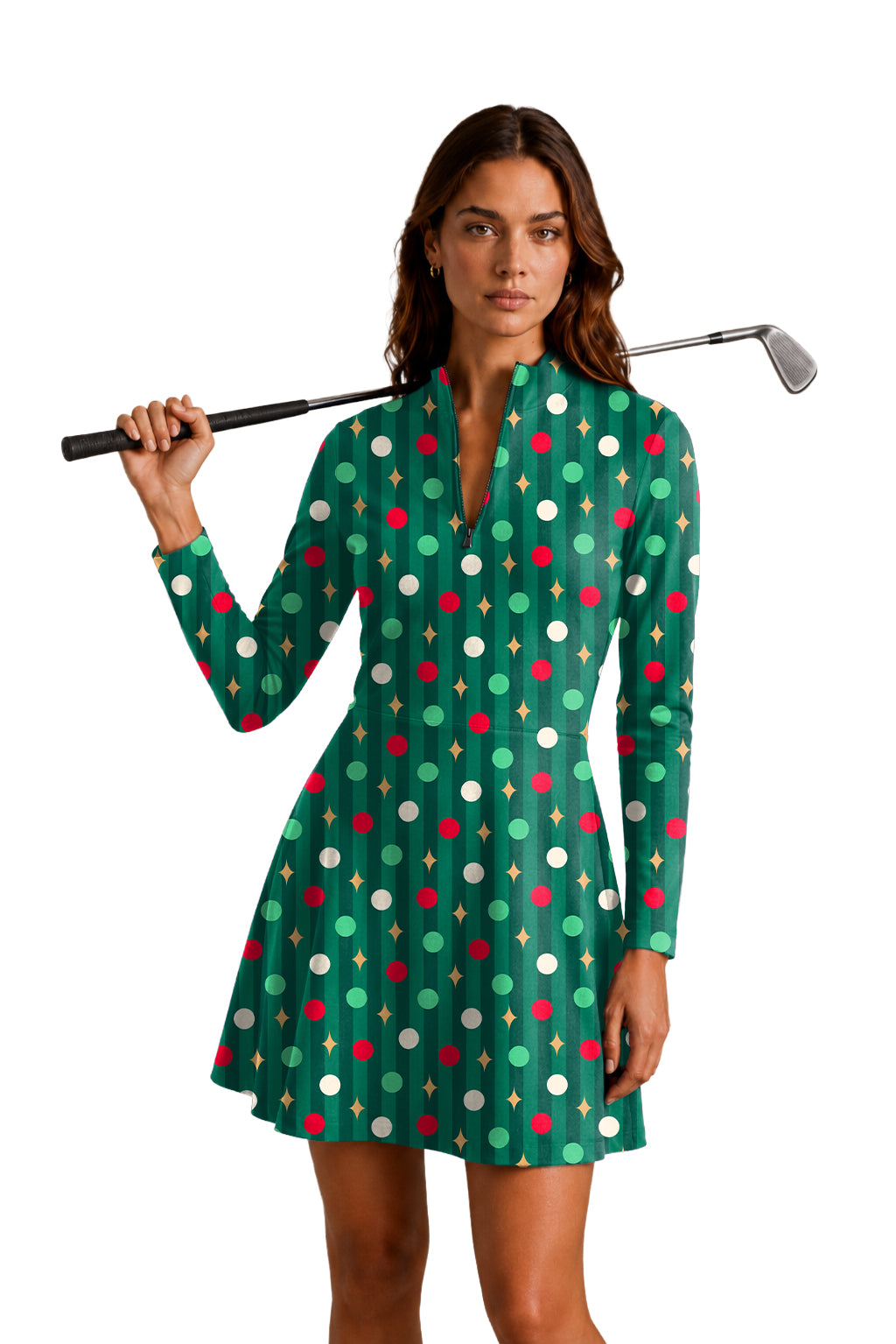 Green Christmas Lollipops Women's Golf Long Sleeve Zipper Dresses Comes with separate matching shorts