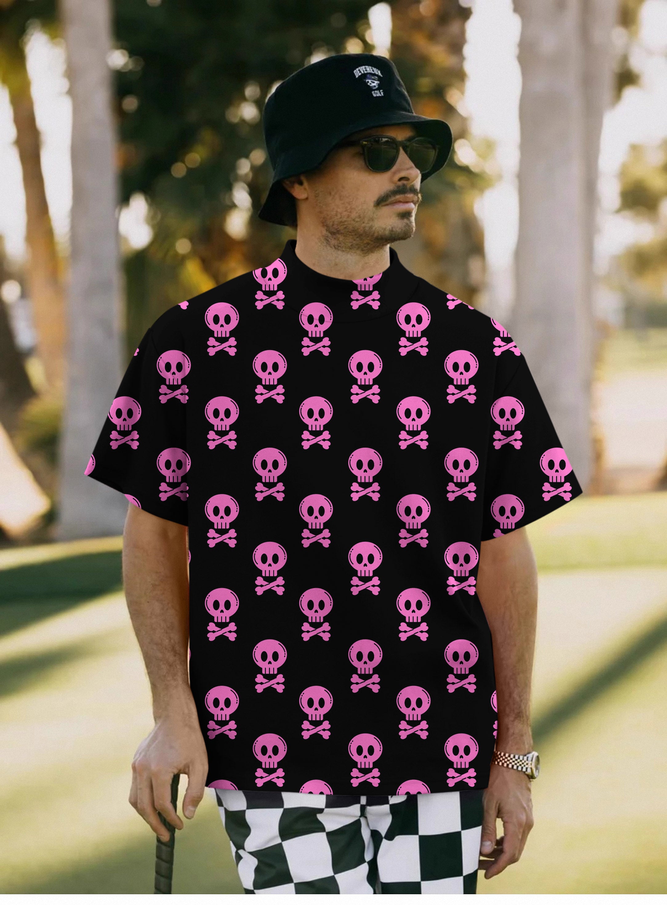 Men's Halloween Punk Skull Mock Neck Long/Short Sleeve Golf Tops