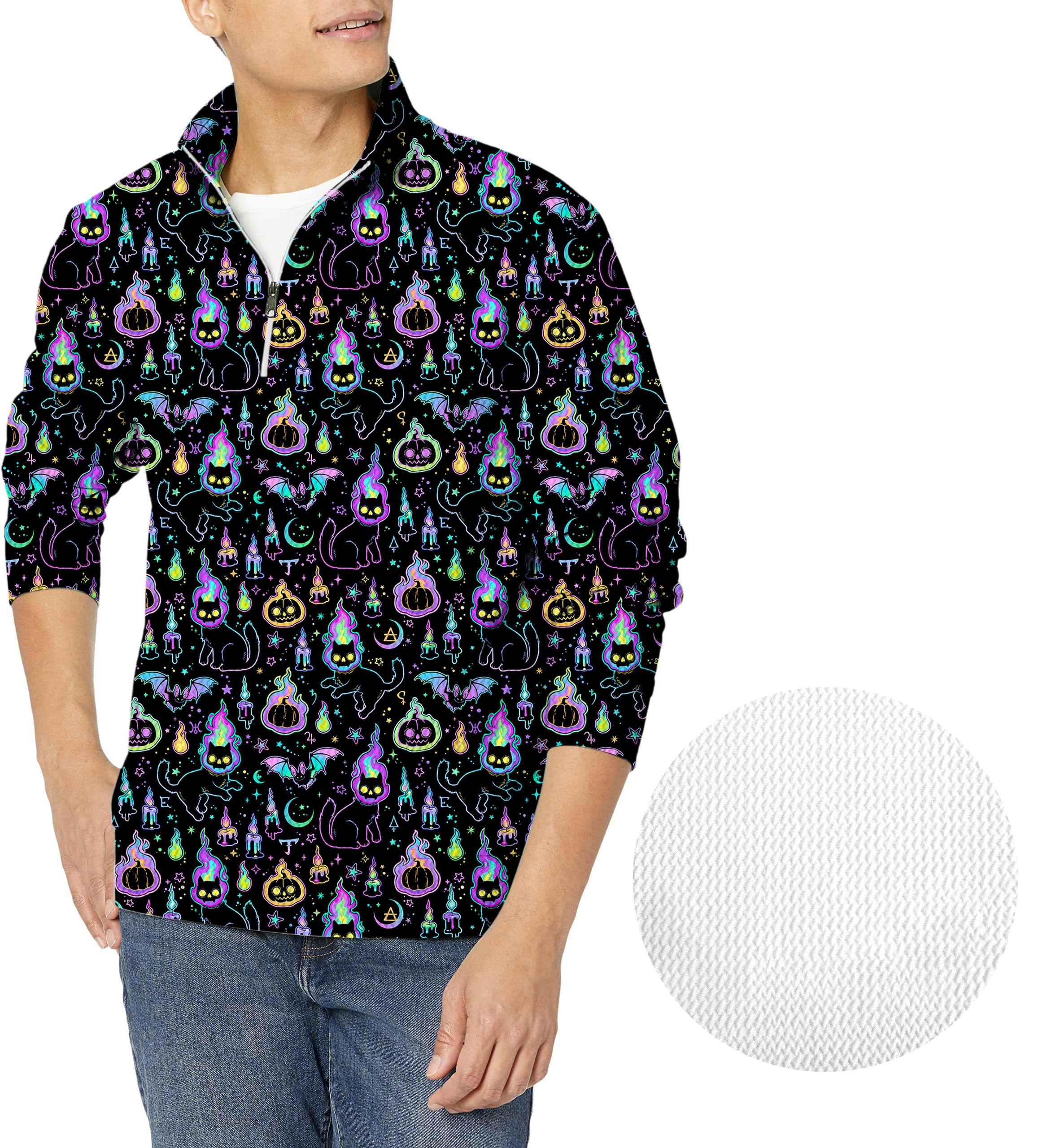 Halloween Ghost Pumpkin Cat Men's Golf Waffle Zipper Pullover