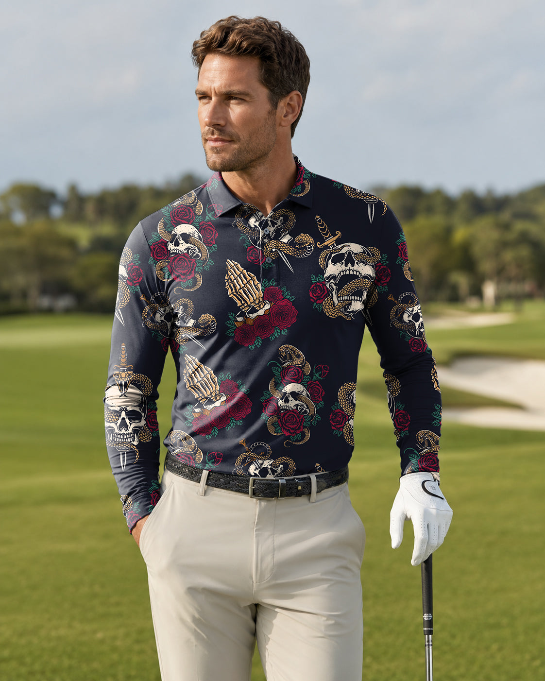 Men's Halloween Snake Skeleton Long-sleeved Polo