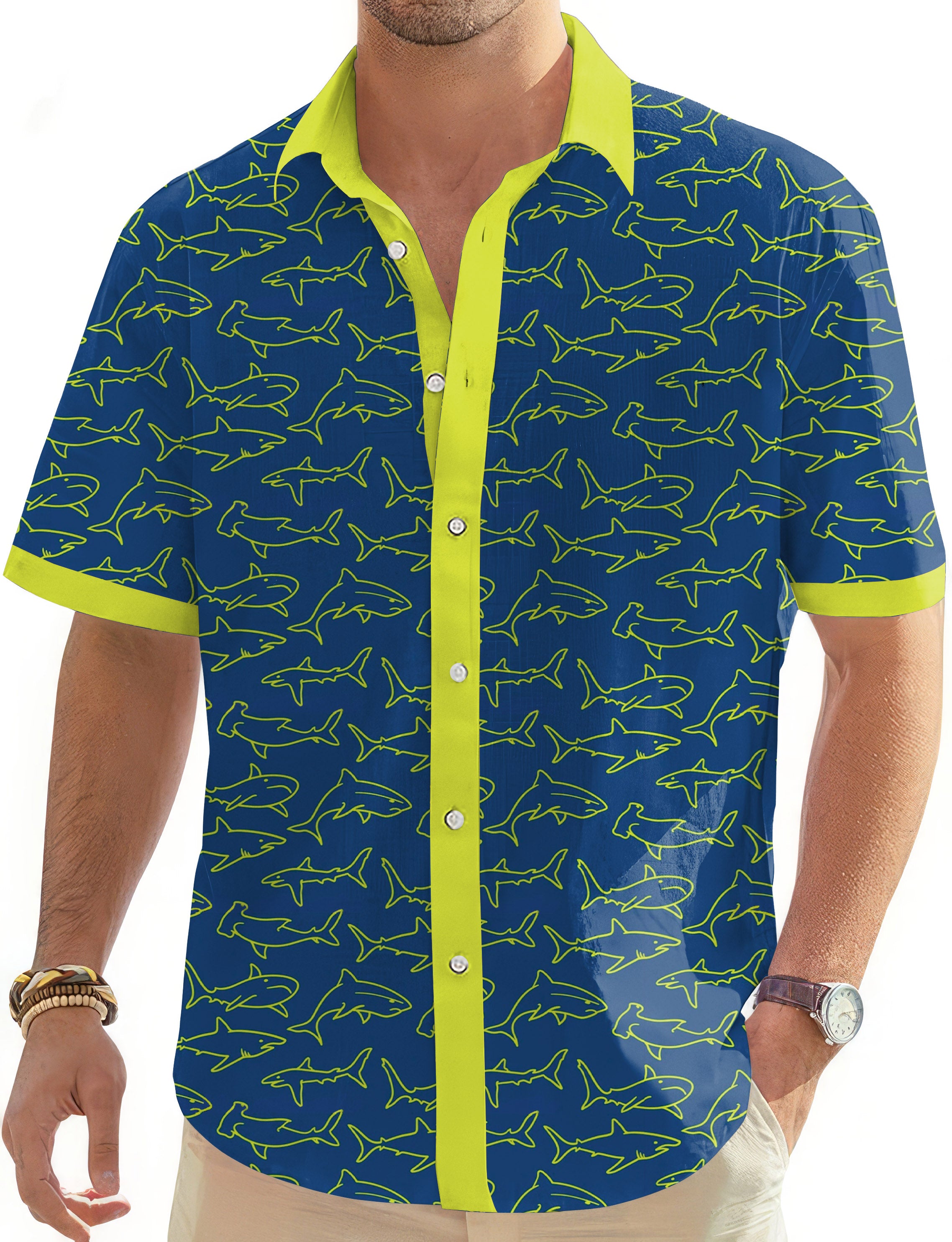 Blue Sharks-Men's Golf Hawaiian Shirts Button Down Shirt