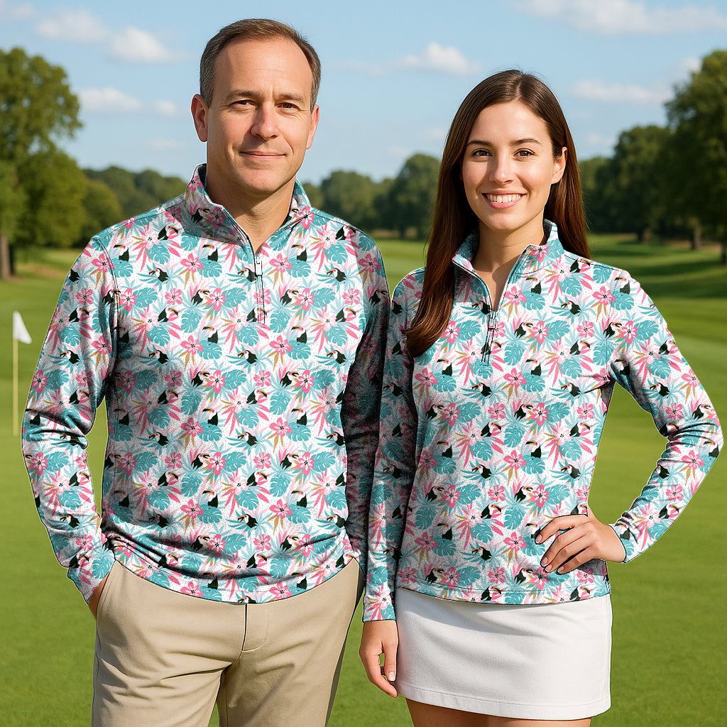 Floral toucan couple active zip tops with long sleeves for golf and beach wear