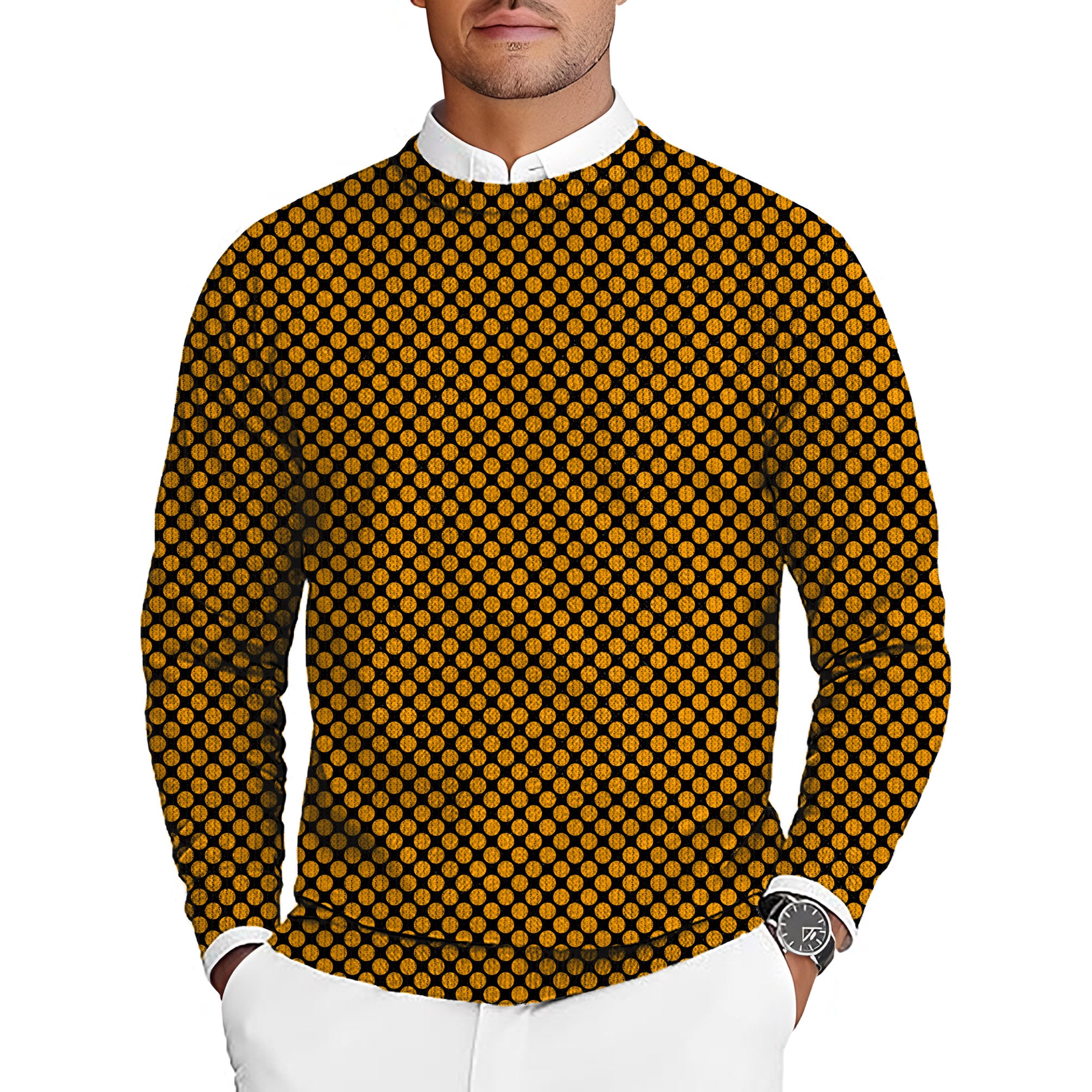Halloween black and yellow polka dots Men's Golf Crewneck Pullover Sweaters Ugly Sweater
