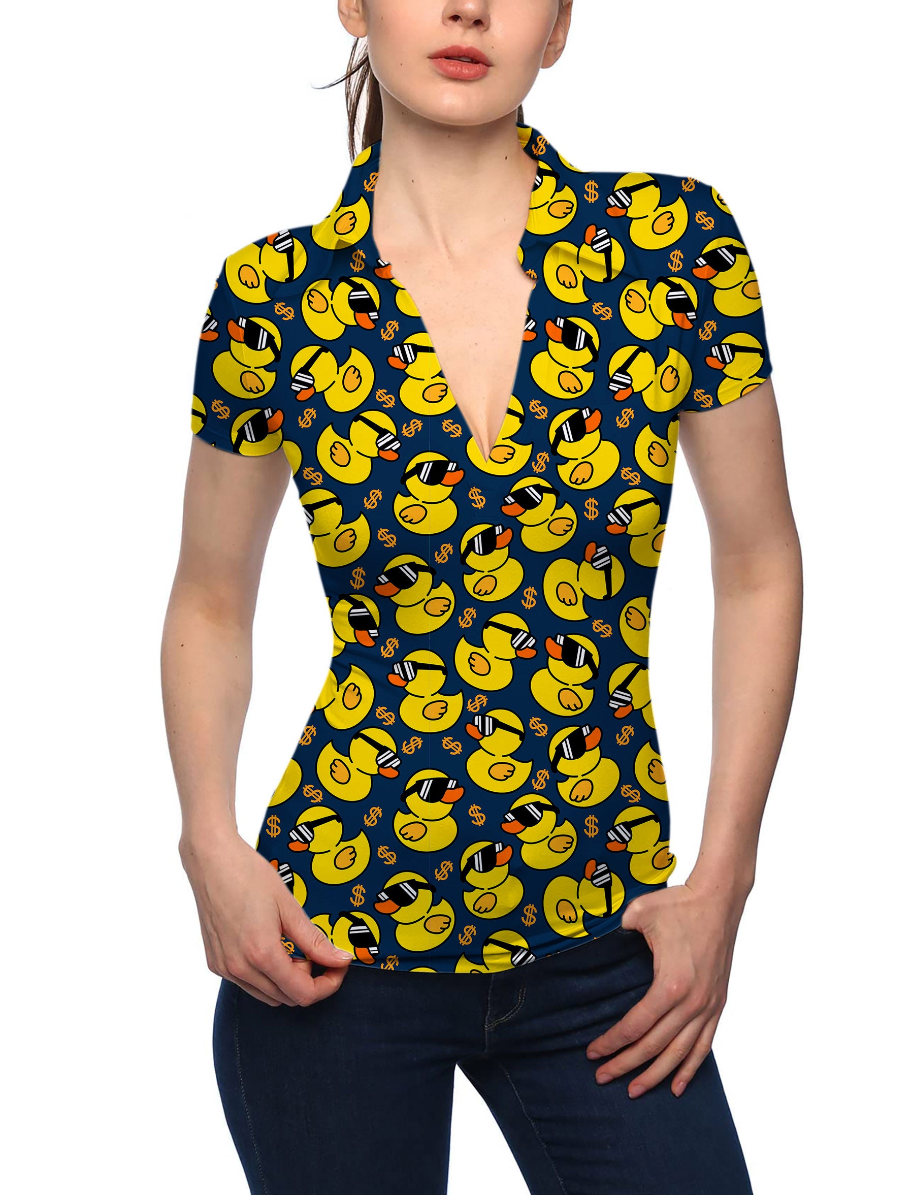 Women's Yellow duck V Neck Golf Polo