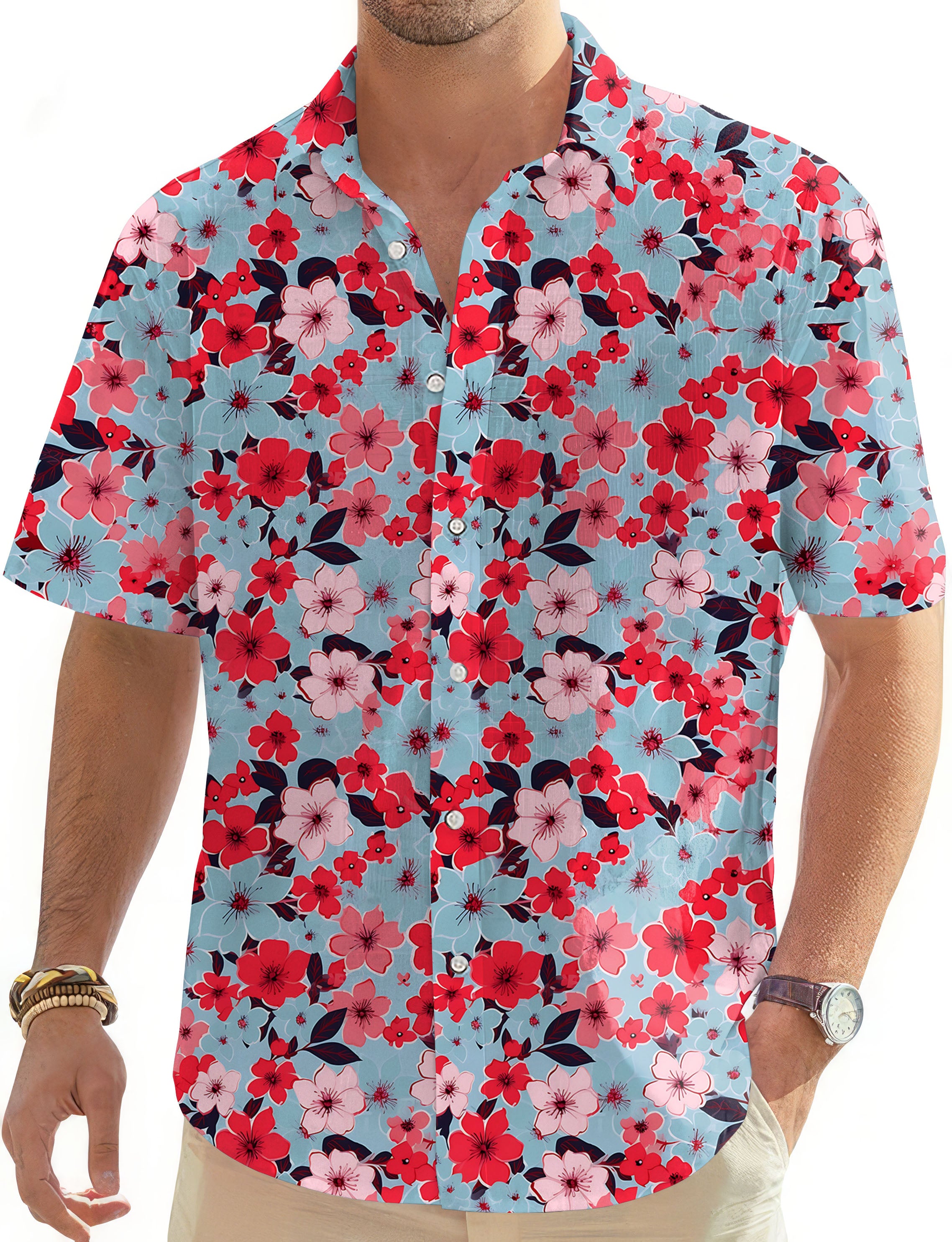 Tropical flowers-Men's Golf Hawaiian Shirts Button Down Shirt