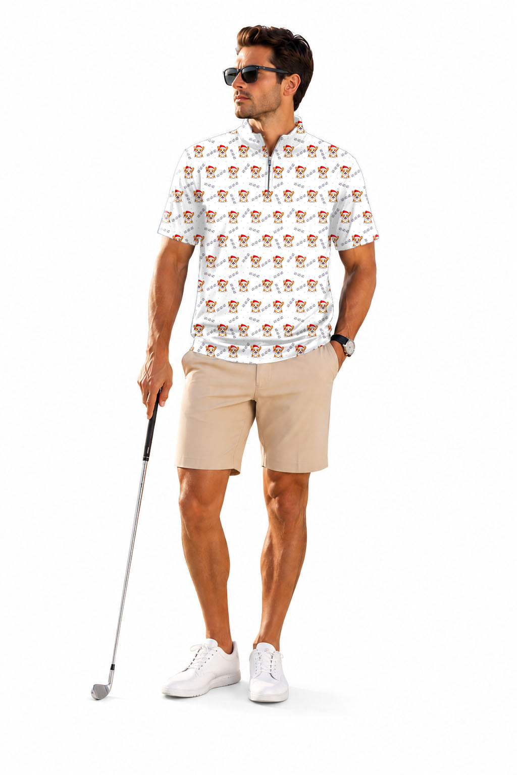 Men's Short Sleeve Quarter Zip Golf Pullover   Christmas Corgi Embroidery