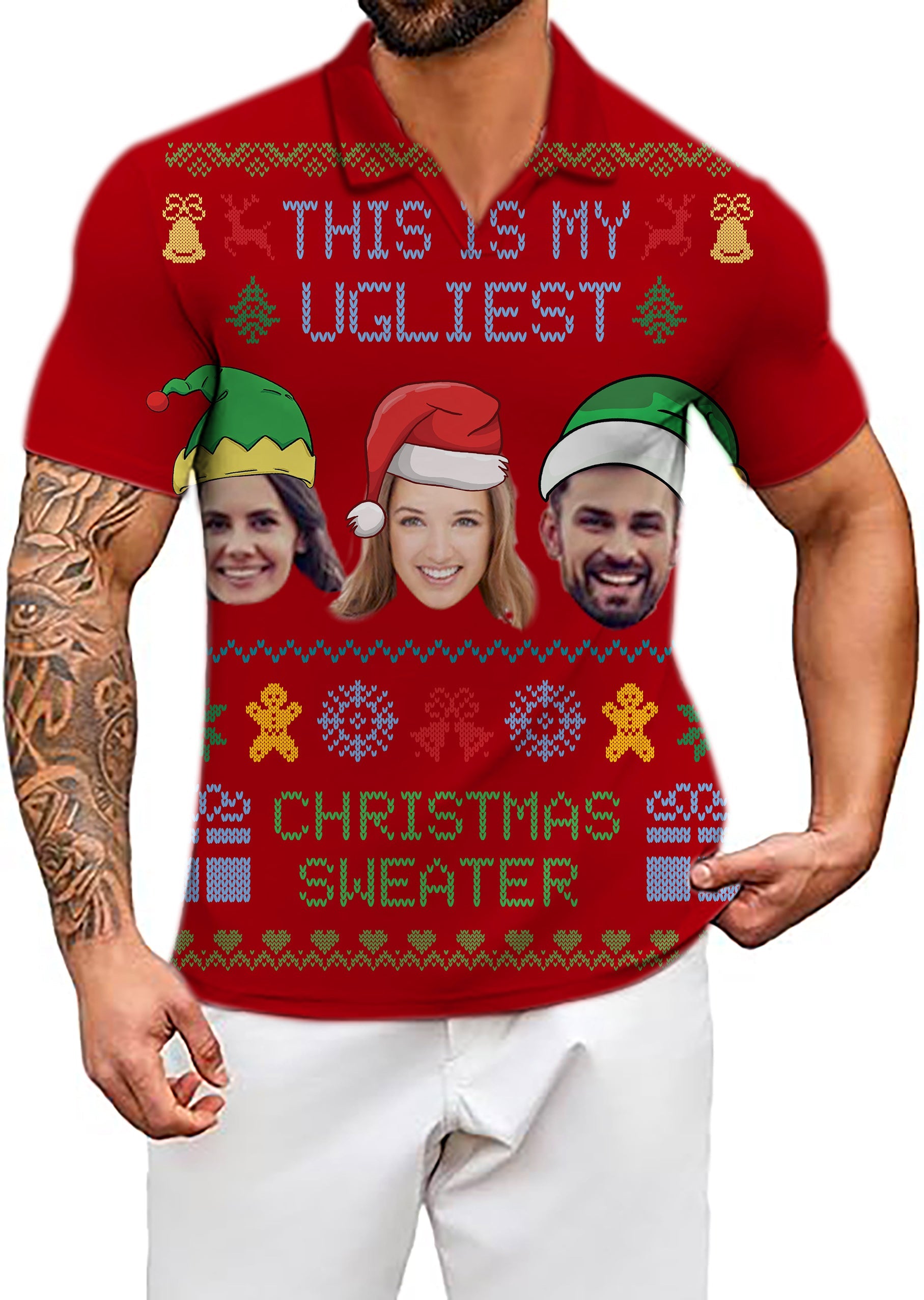 Men's Coconut Palm custom red Christmas polo shirt with personalized face prints and festive navy blue ink dots design