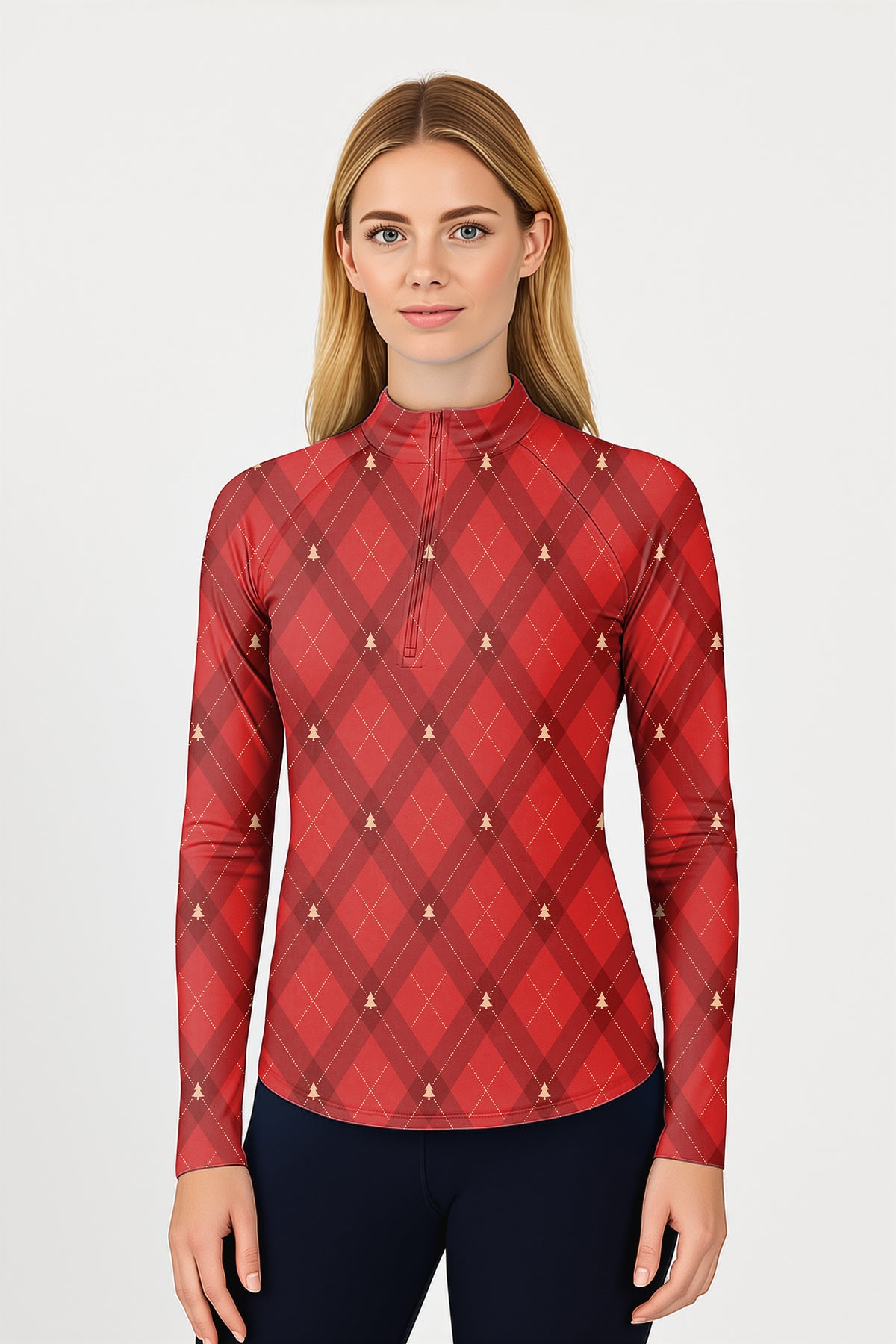 Red Christmas tree diamond pattern Women's Golf Active 3/4 Zipper Top Long Sleeves