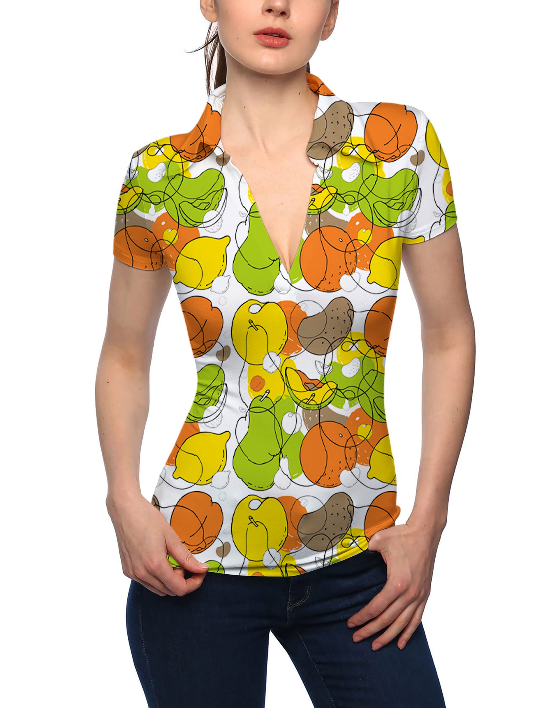 Women's colorfull fruit V Neck Golf Polo
