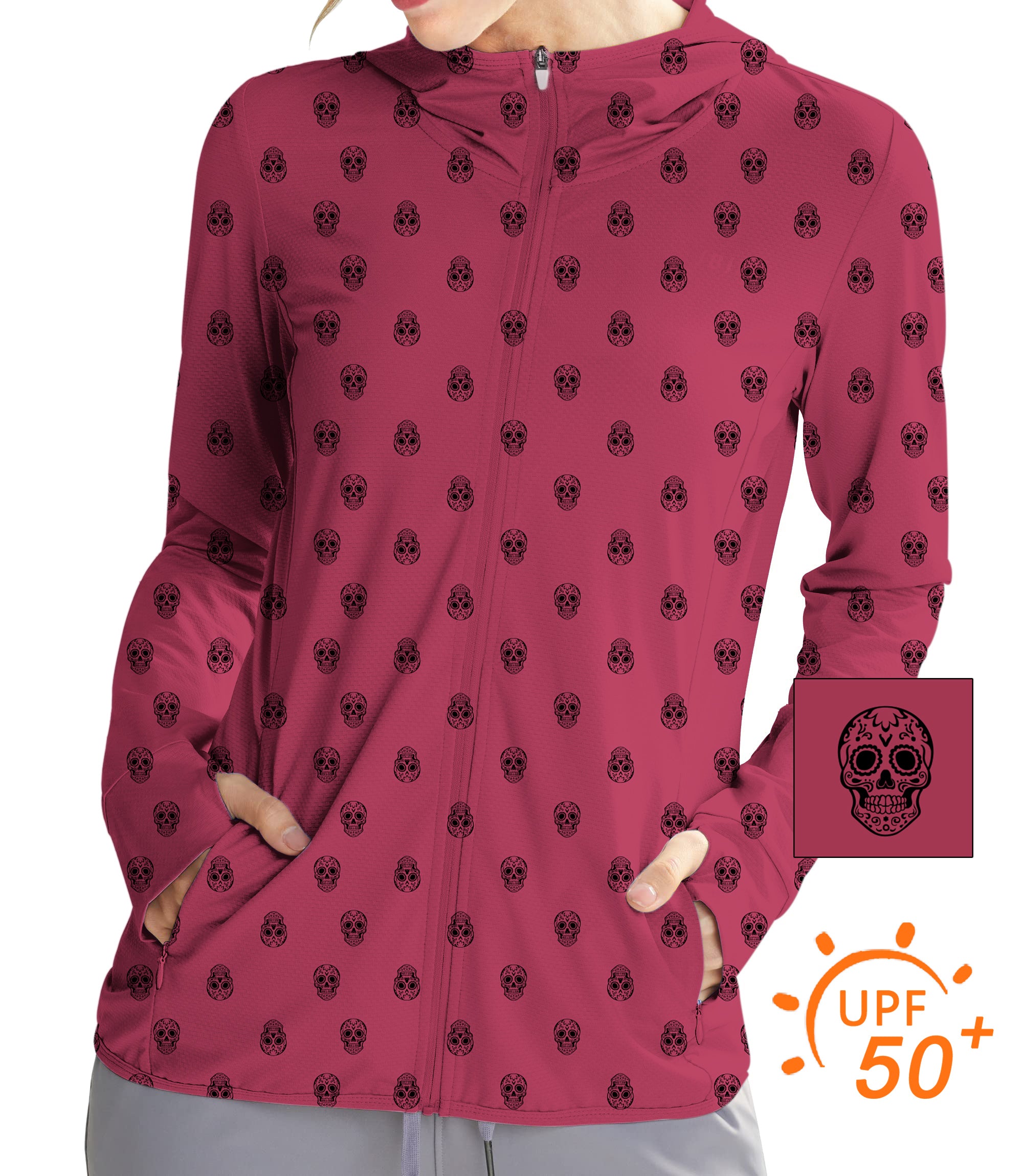 Women's Outdoor Skull Custom The Background Color Golf Sun Protection Slim Fit zip hoodies