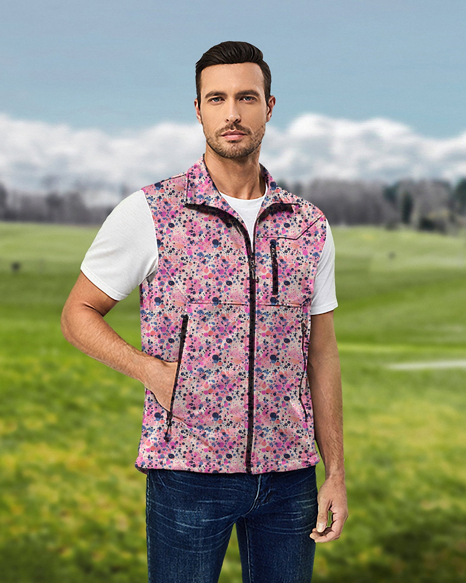 Men's Fuchsia Fusion Lightweight Softshell Vest Sleeveless Jacket for Golf Windproof Waterproof