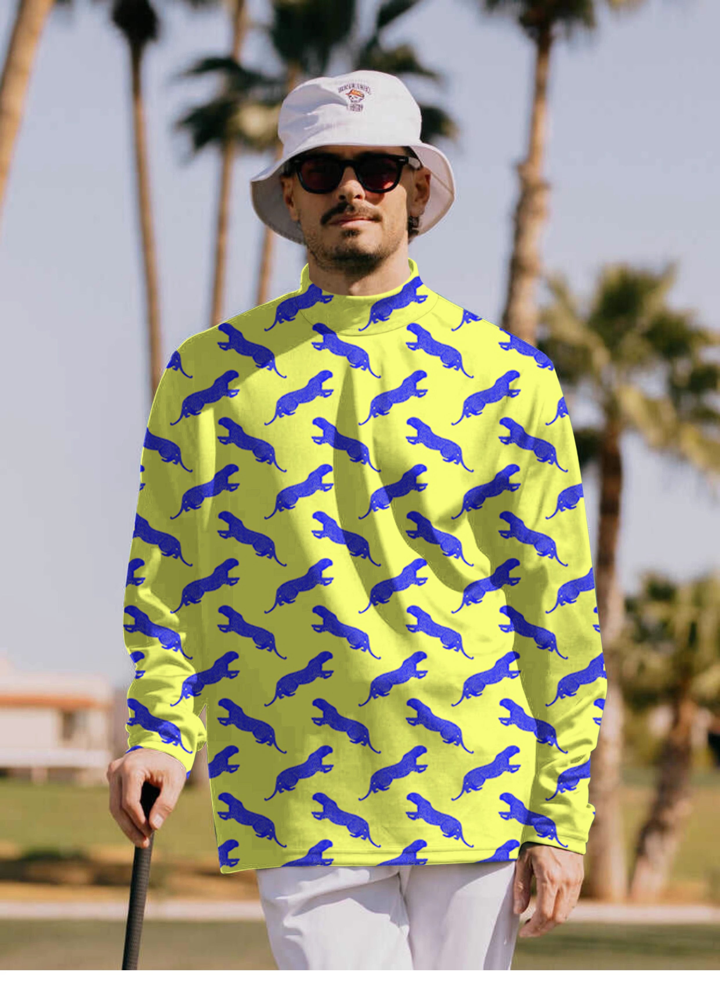 Men's blue leopard Pullover High neck Long/Short sleeve T-Shirt