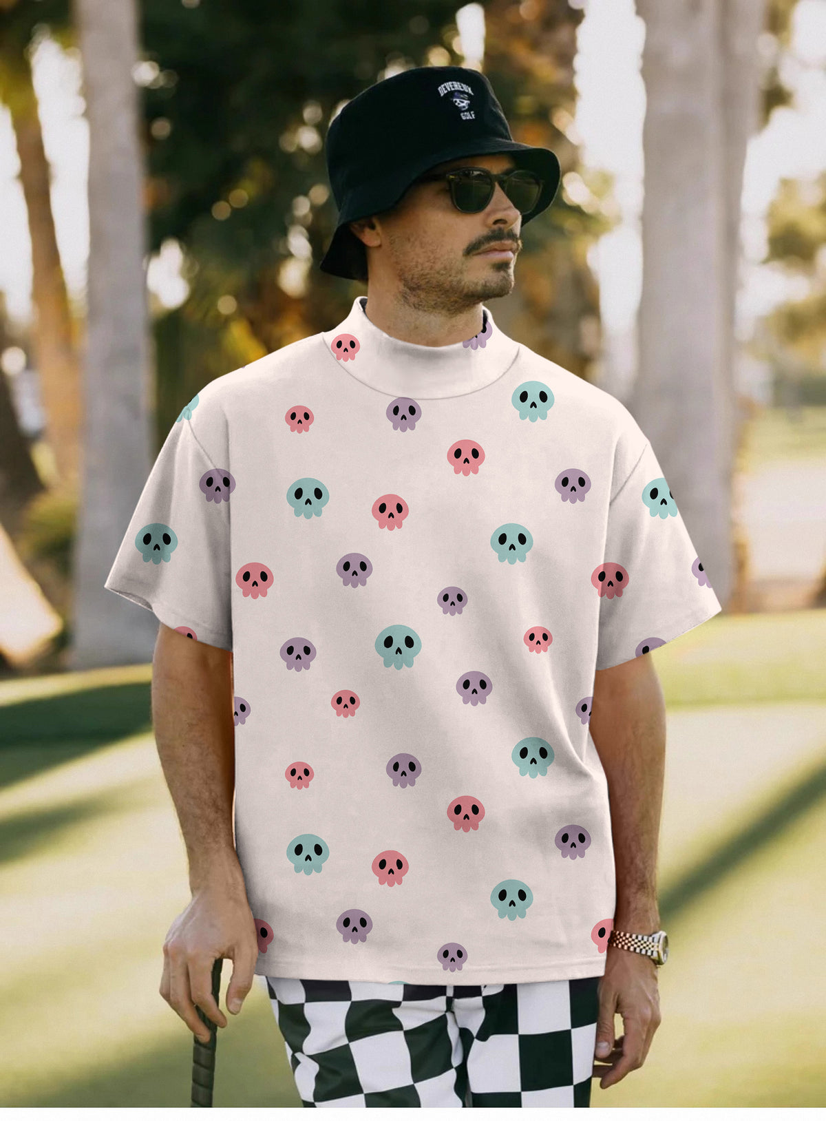 Men's Colorful Halloween Skull Mock Neck Long/Short Sleeve Golf Tops