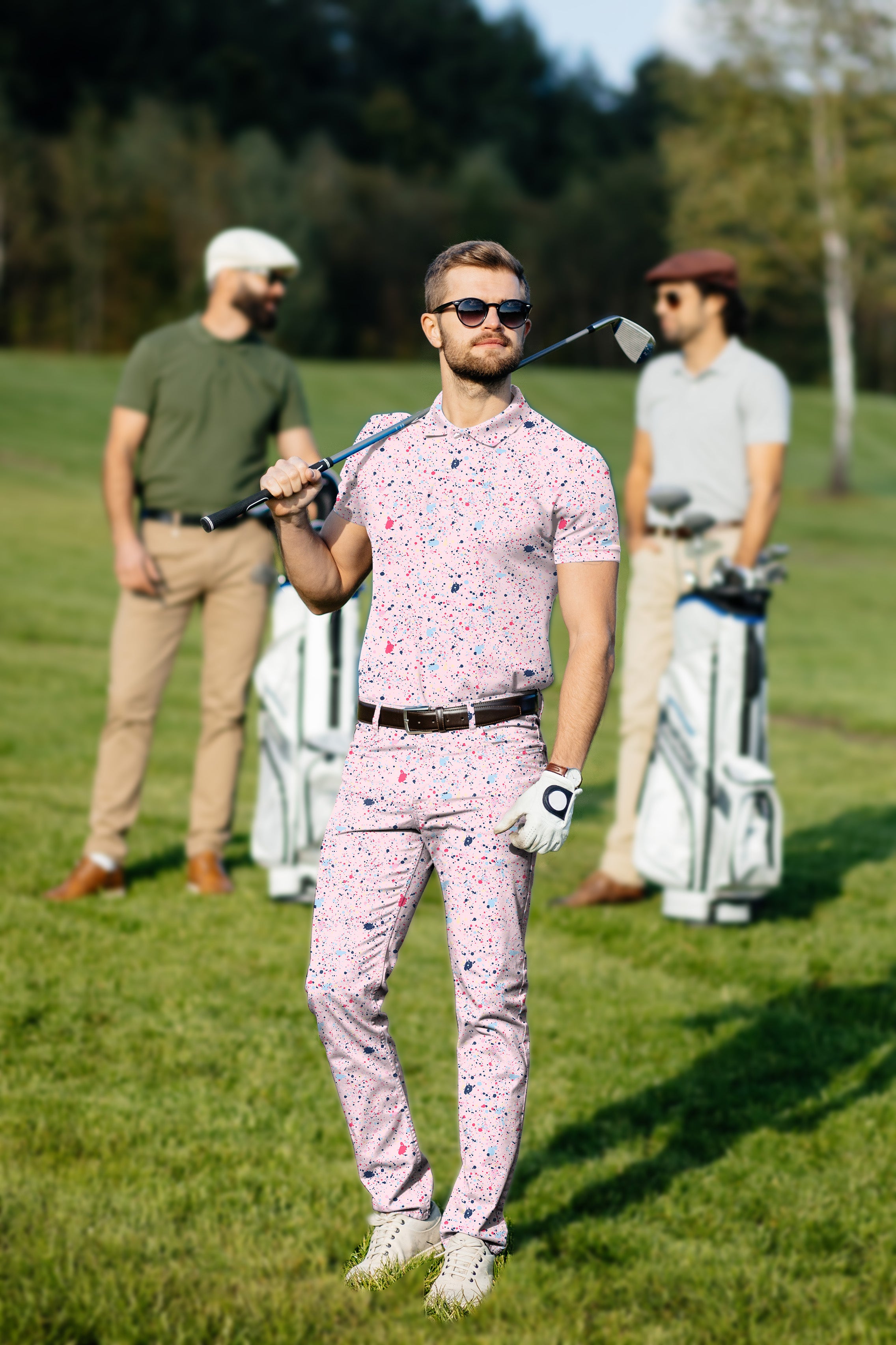 Men's Golf Set Polo+Pants Black Pink Ink Dots