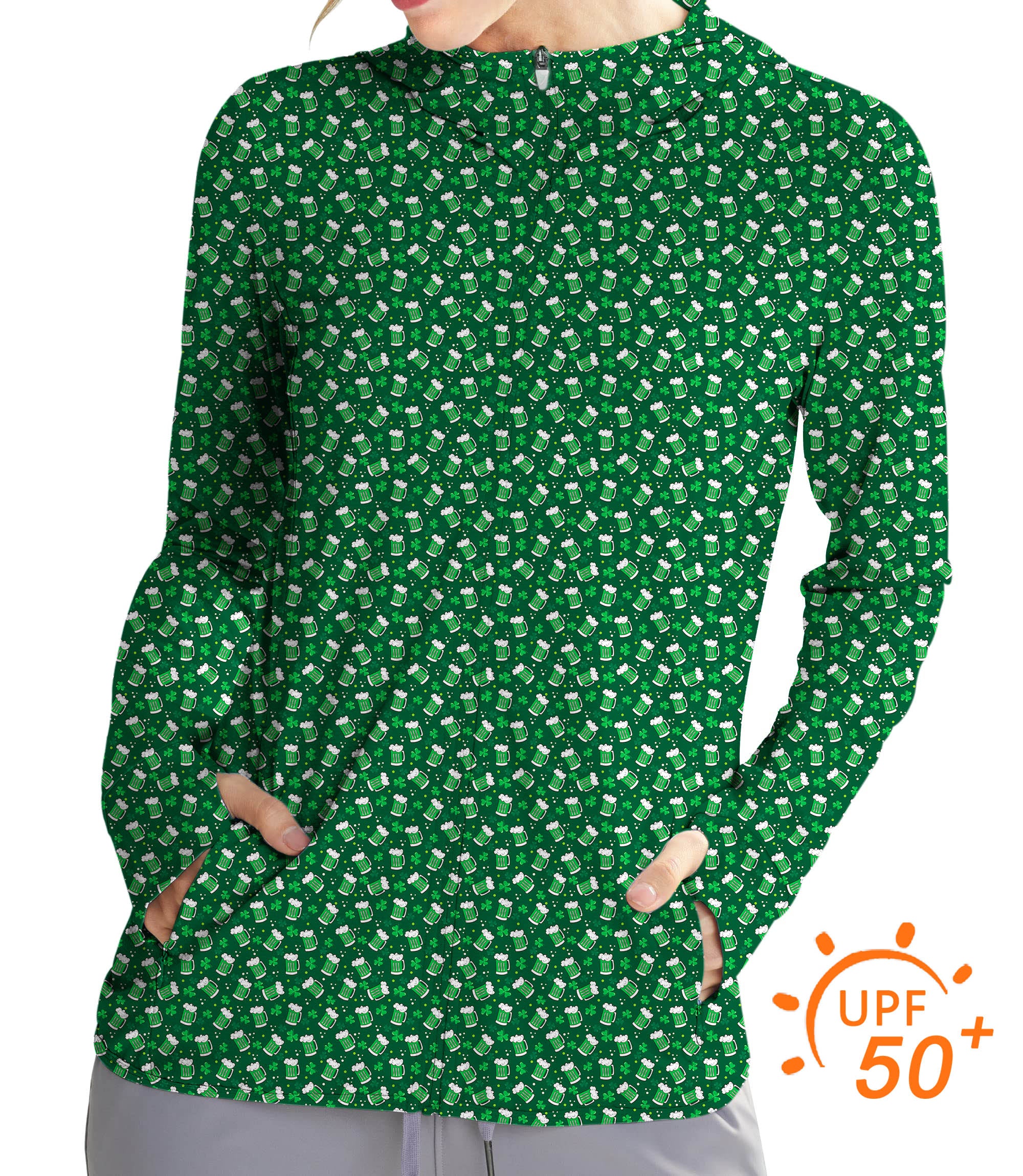 Women's Outdoor Green beer clover leaf St. Patrick's Day Golf Sun Protection Slim Fit zip hoodies