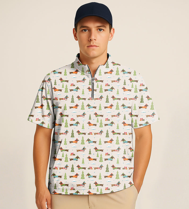 Male model wearing half zipper turtleneck golf shirt with Christmas dachshund embroidery and short sleeves