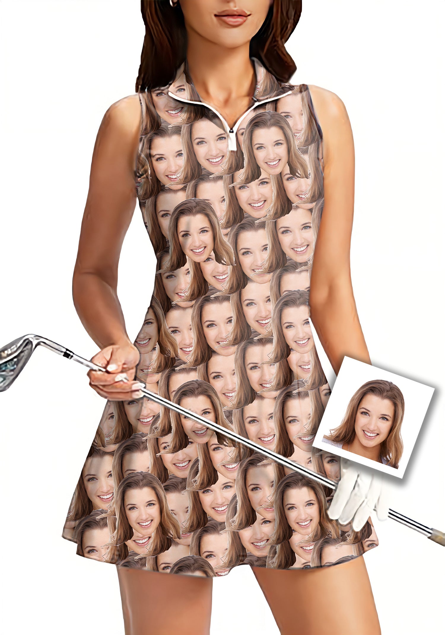 Custom Photo All Faces Women's Golf Sleeveless Zipper Dresses with Built in Shorts