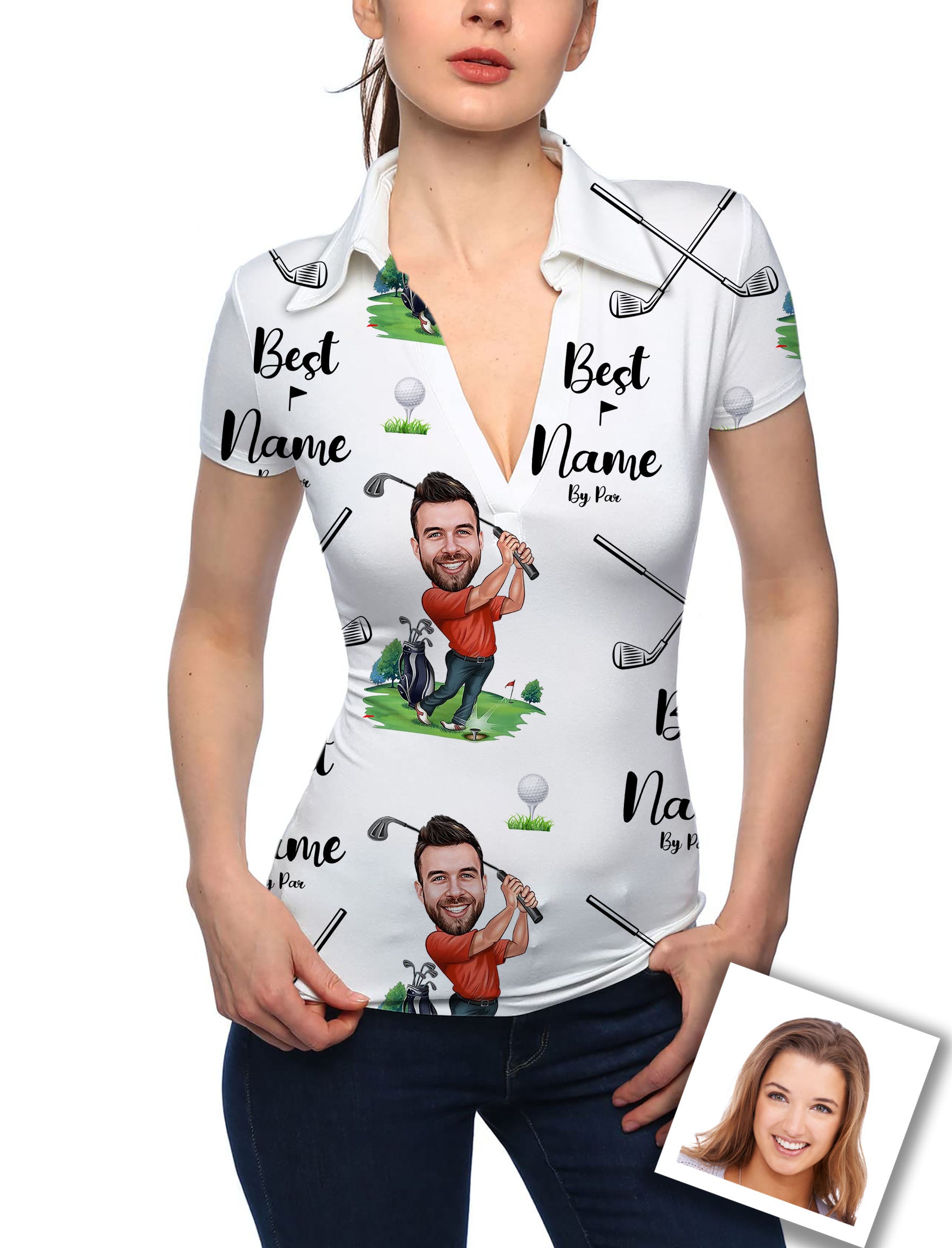 Women's Custom Photo Face & Your Name V Neck Golf Polo