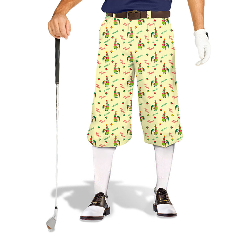 Christmas Little Green Man men's golf knickers with ankle cuffs and festive pattern
