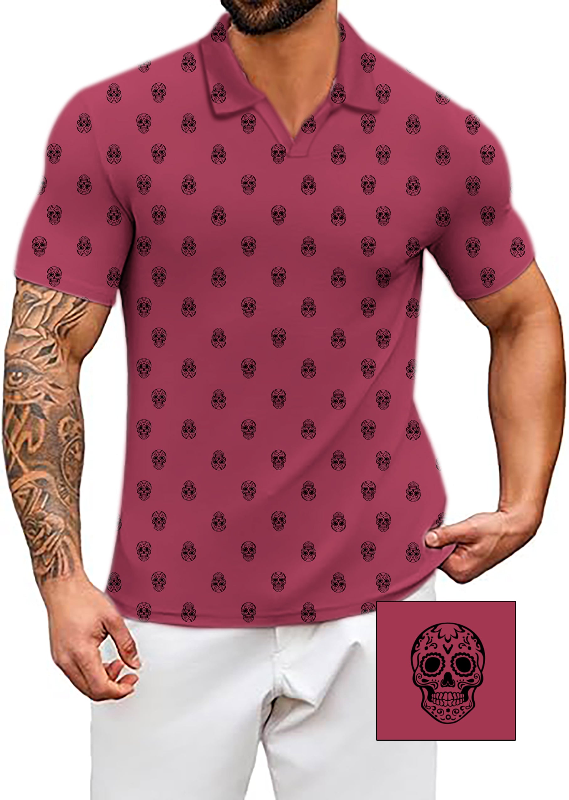 Men's Coconut Palm Skull Custom The Background Color V Neck Golf Polo Shirts