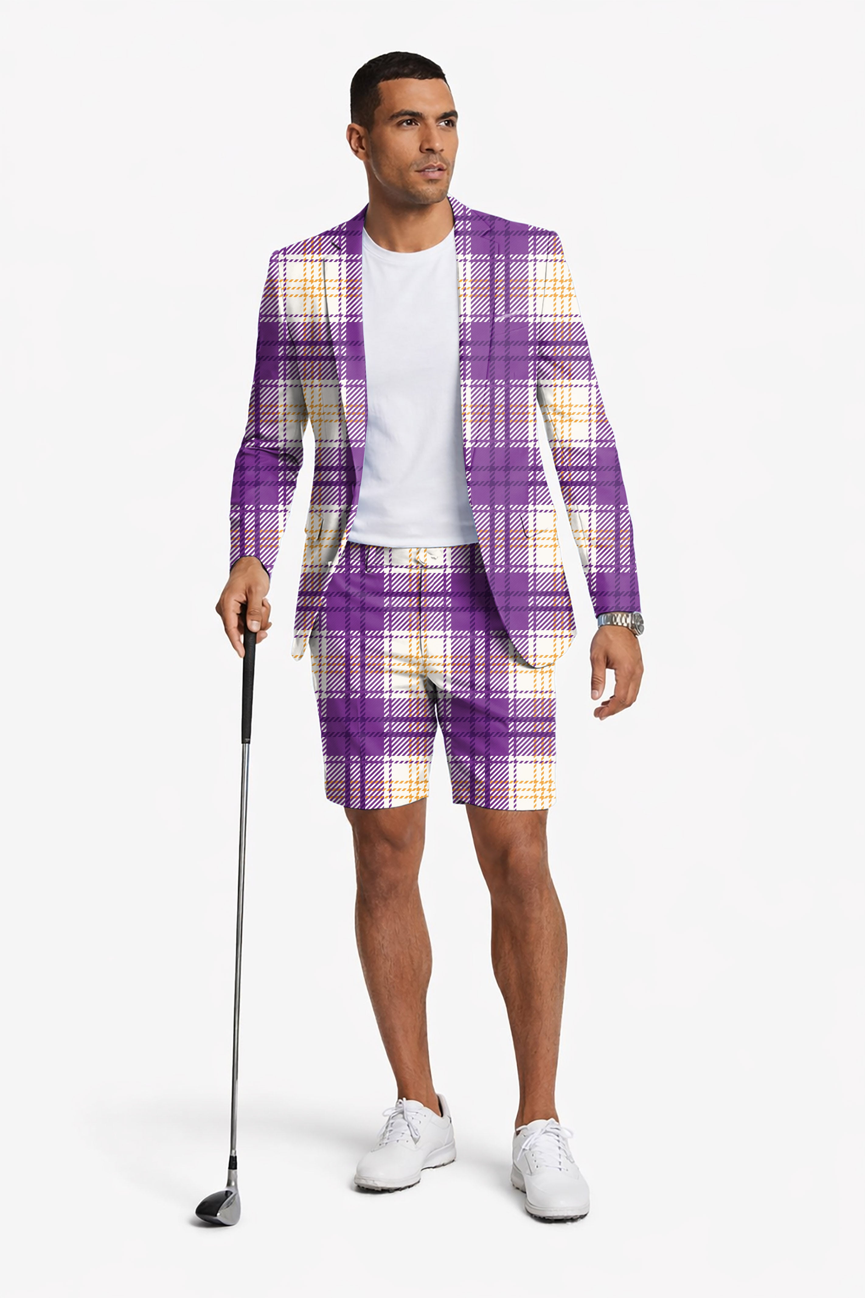 Halloween purple and yellow grid pattern Men's Party Costumes-Theme Party 2pcs Suit set-Blazer Shorts