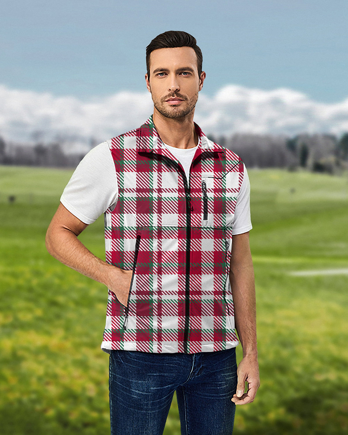 Men's Christmas stripes Lightweight Softshell Vest Sleeveless Jacket for Golf Windproof Waterproof