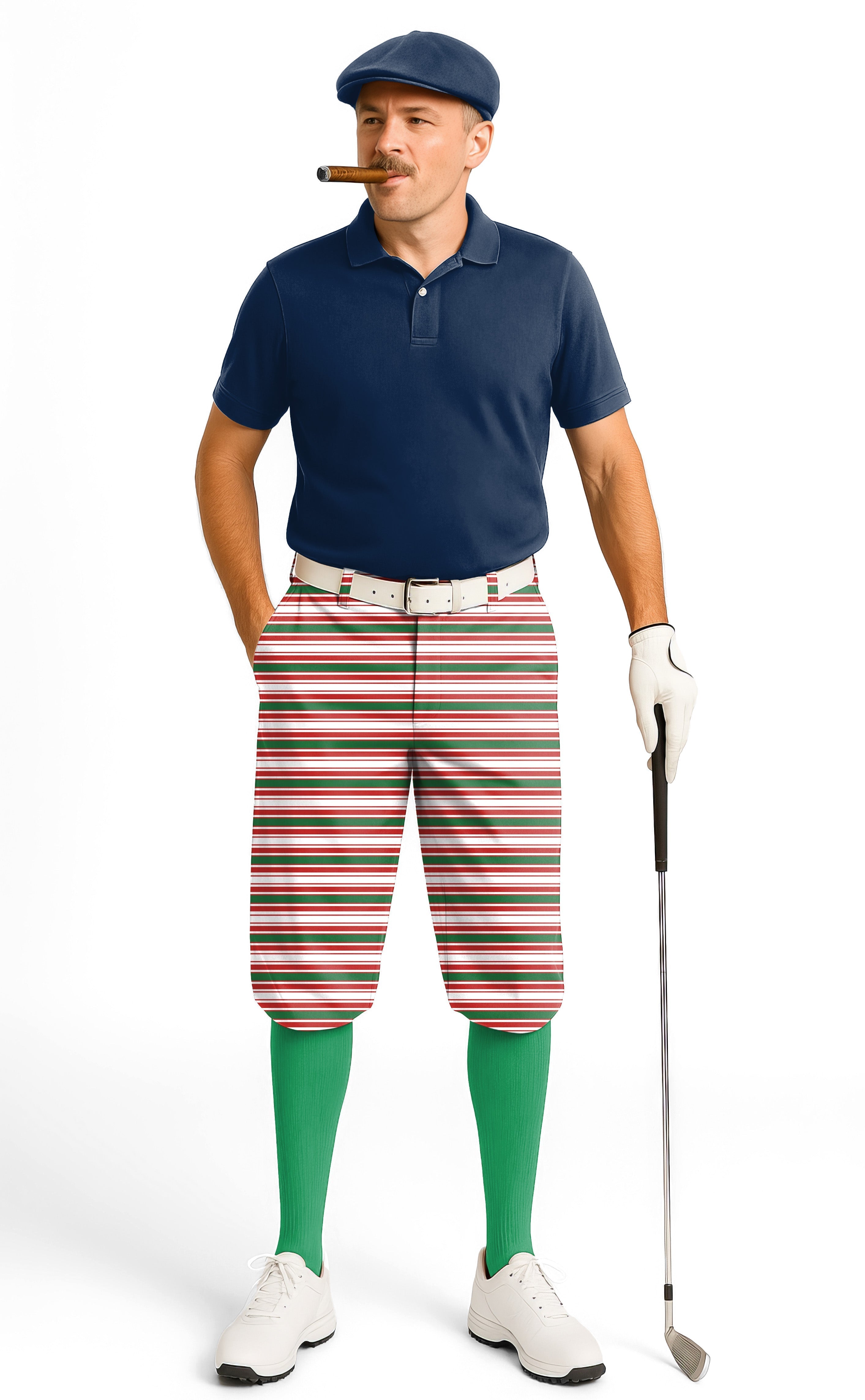 Man wearing striped Christmas men’s golf knickers with green socks and navy polo shirt playing golf