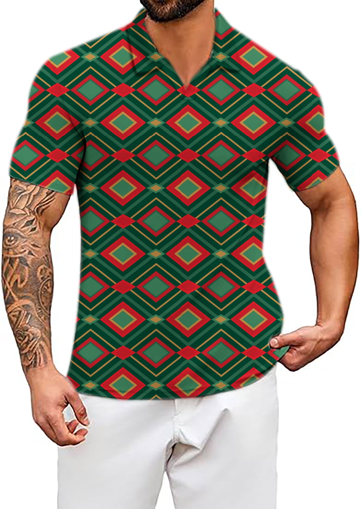 Men's Christmas Argyle V Neck Golf Polo Shirts
