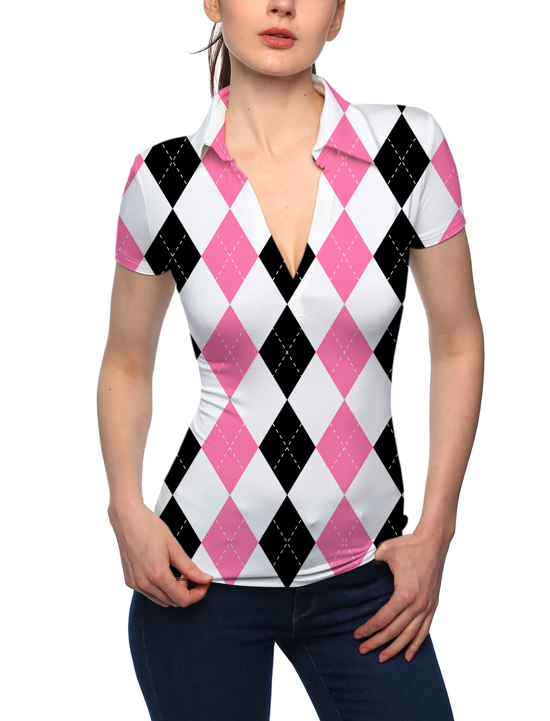 Women's pink black argyle V Neck Golf Polo
