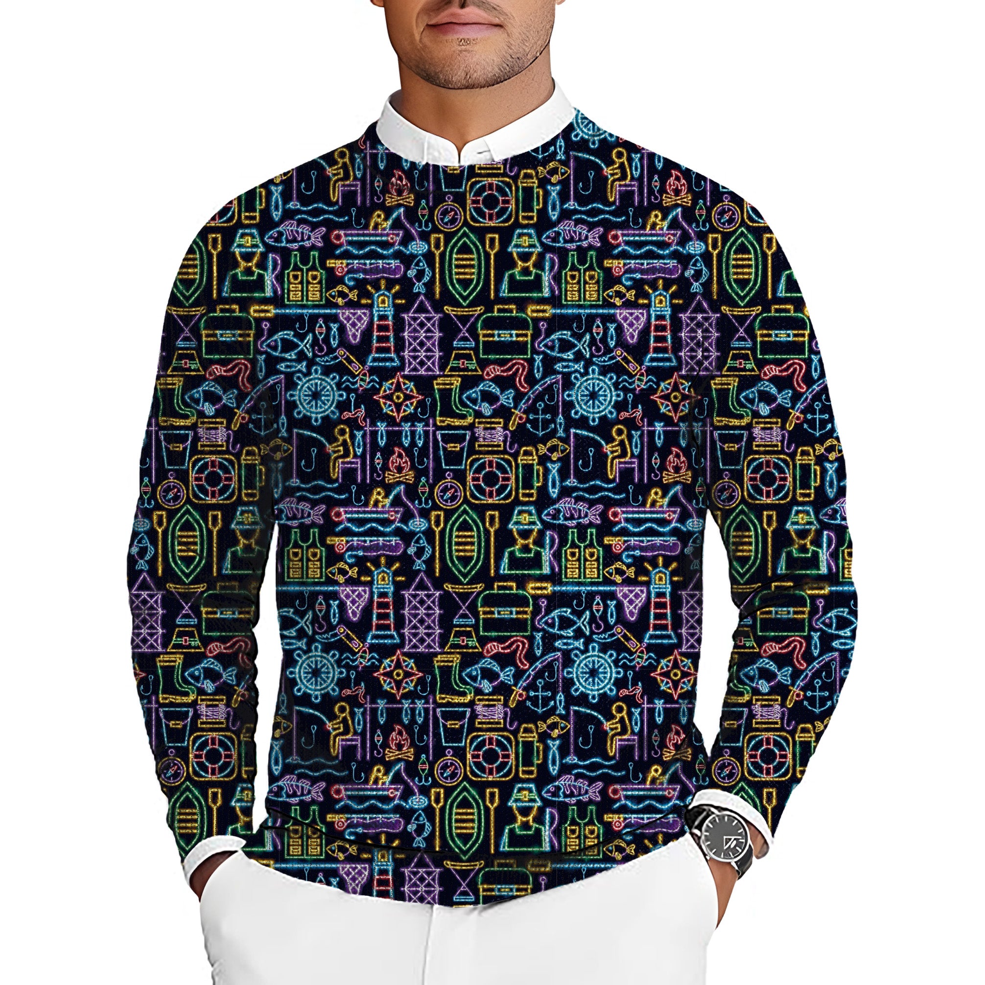 Neon Fisherman Men's Golf Crewneck Pullover Sweaters Ugly Sweater