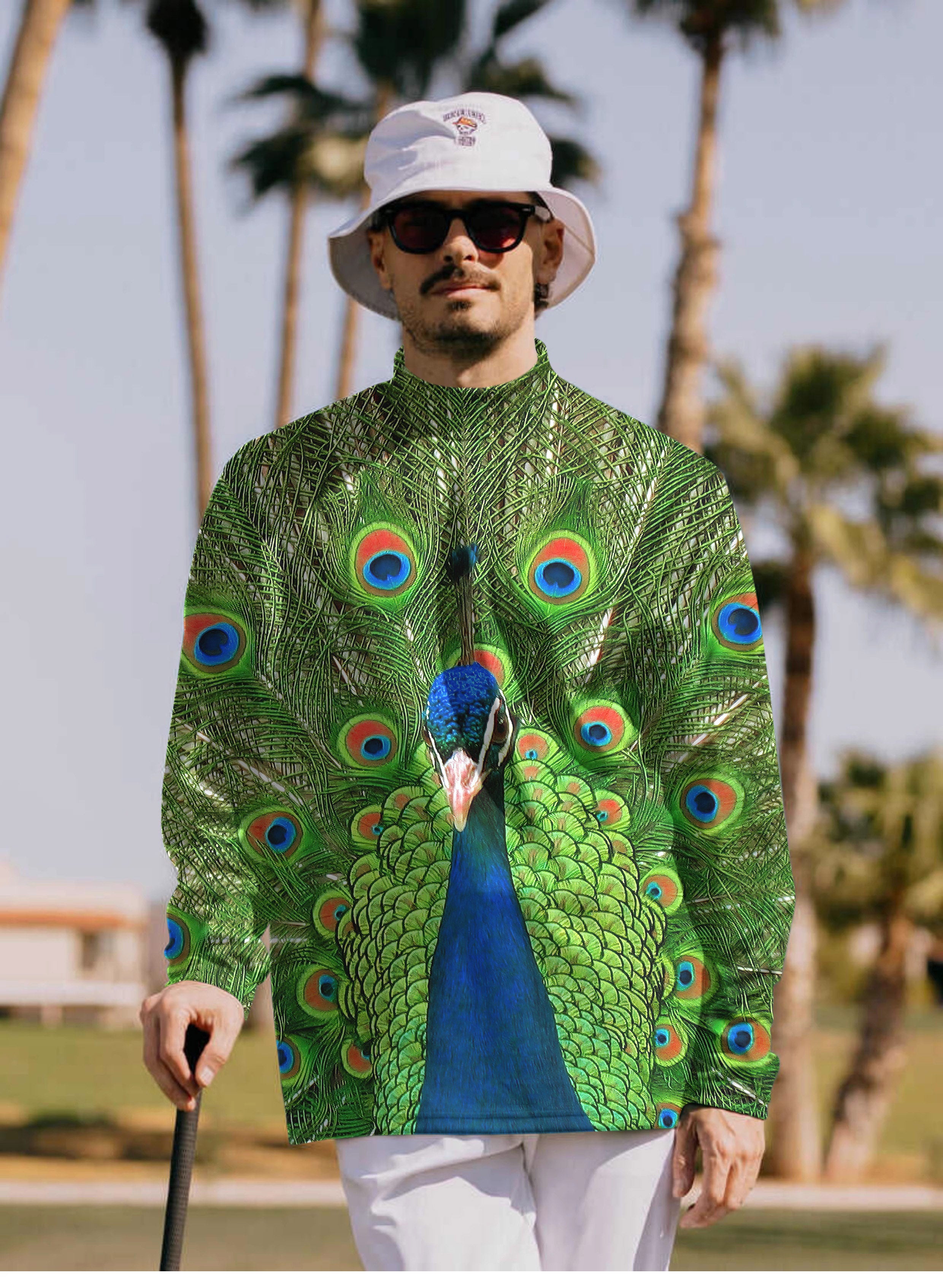 Men's peacock flaunting its tail Pullover High neck Long/Short sleeve T-Shirt