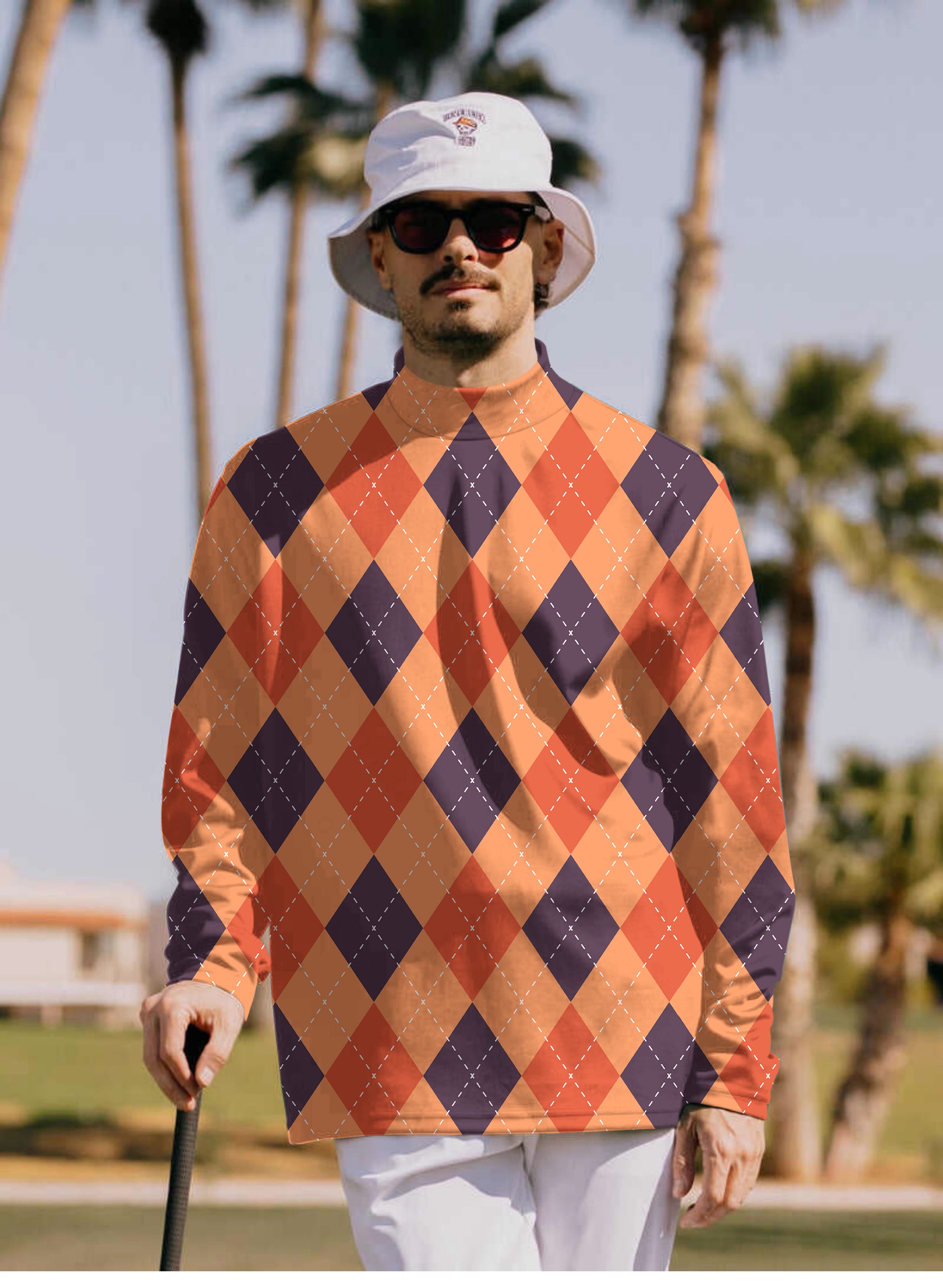 Men's Halloween Black Red Orange Argyle Pullover High neck Long/Short sleeve T-Shirt