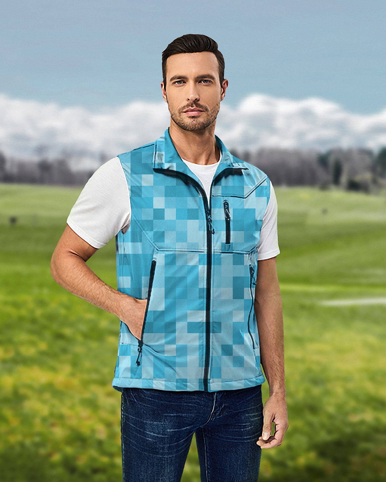 Men's Blue Pixel Big Lightweight Softshell Vest Sleeveless Jacket for Golf Windproof Waterproof